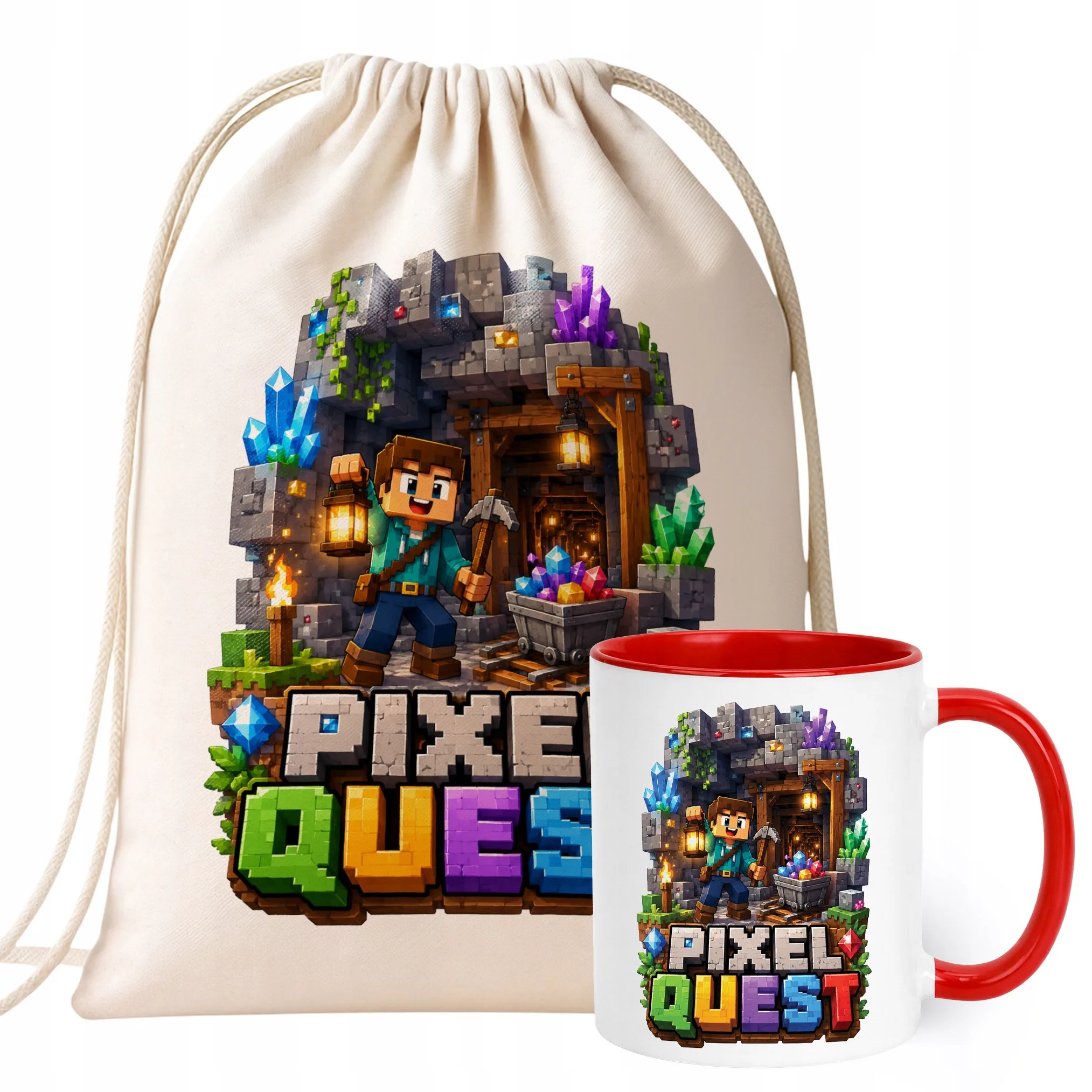 Zestaw Plecak Worek Kubek Czerwony Z Nadrukiem PIXEL Gra Dla Dzieci
