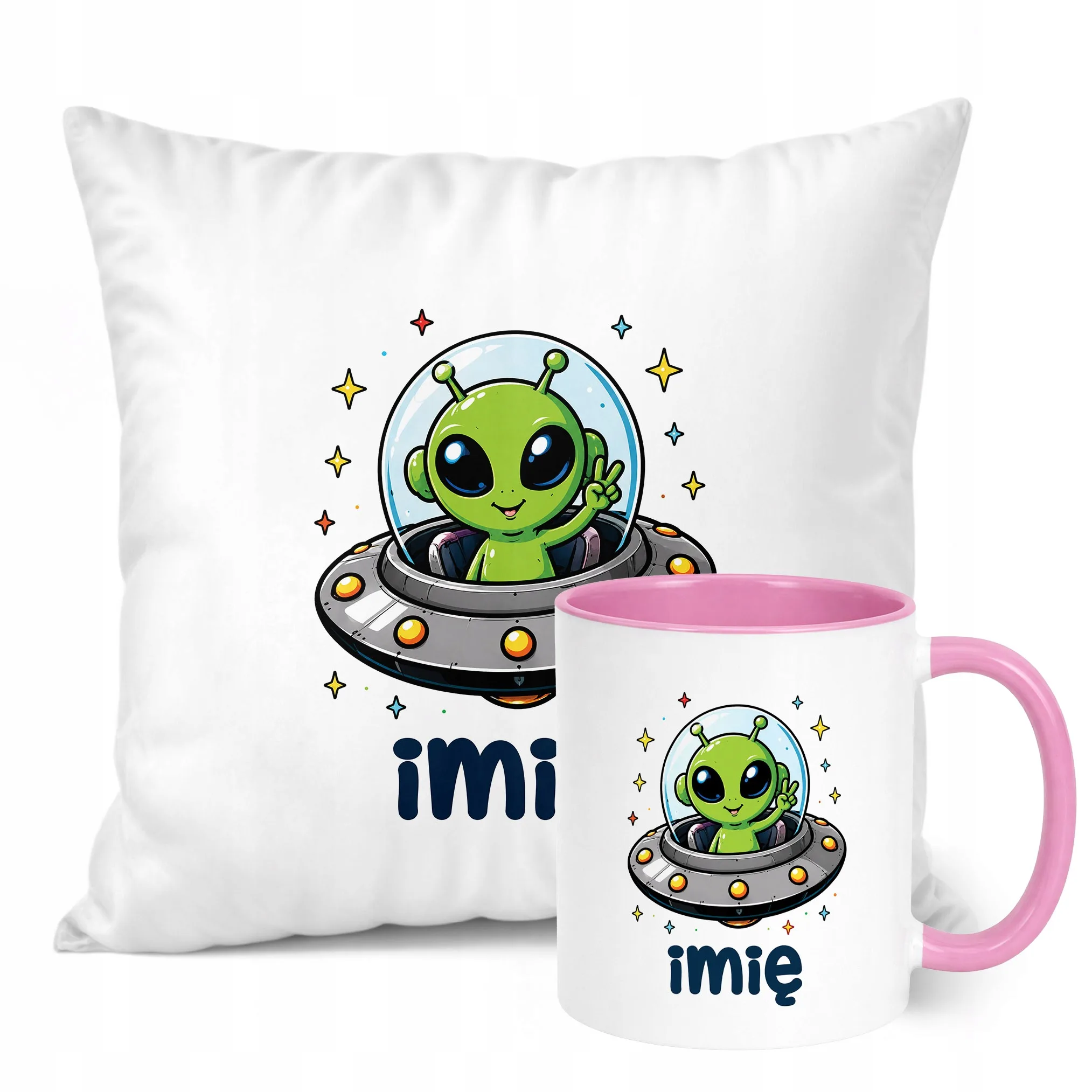Zestaw Personalizowany Kubek Różowy Poduszka Kosmita UFO Prezent