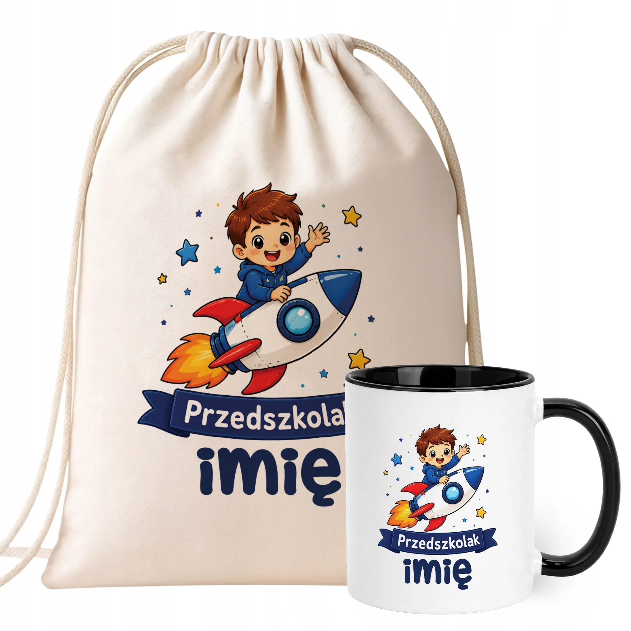 Zestaw Personalizowany Plecak Worek Kubek Czarny Przedszkolak Rakieta