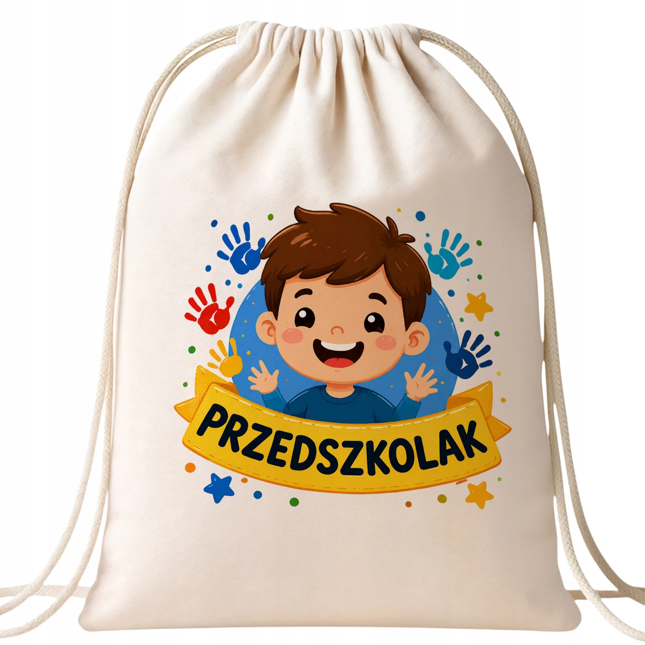Plecak Worek Przedszkolak z Nadrukiem Bawełniany Szkolny na Buty Ecru