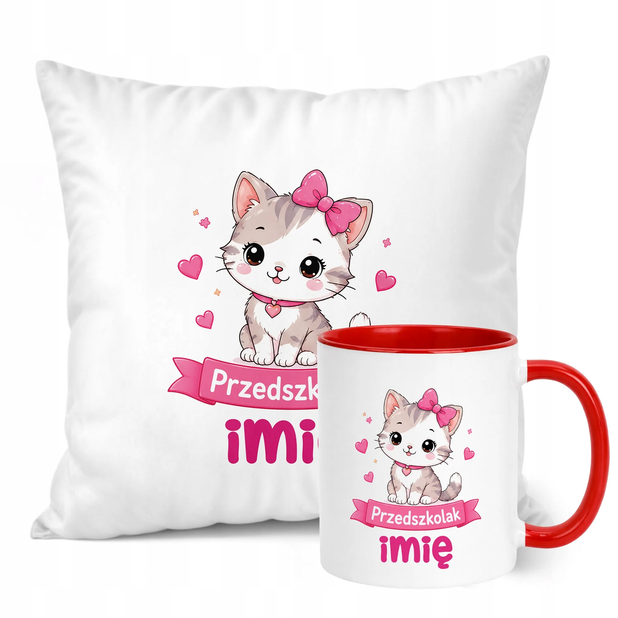 Zestaw Personalizowany Kubek Czerwony Poduszka Przedszkolak Kotek