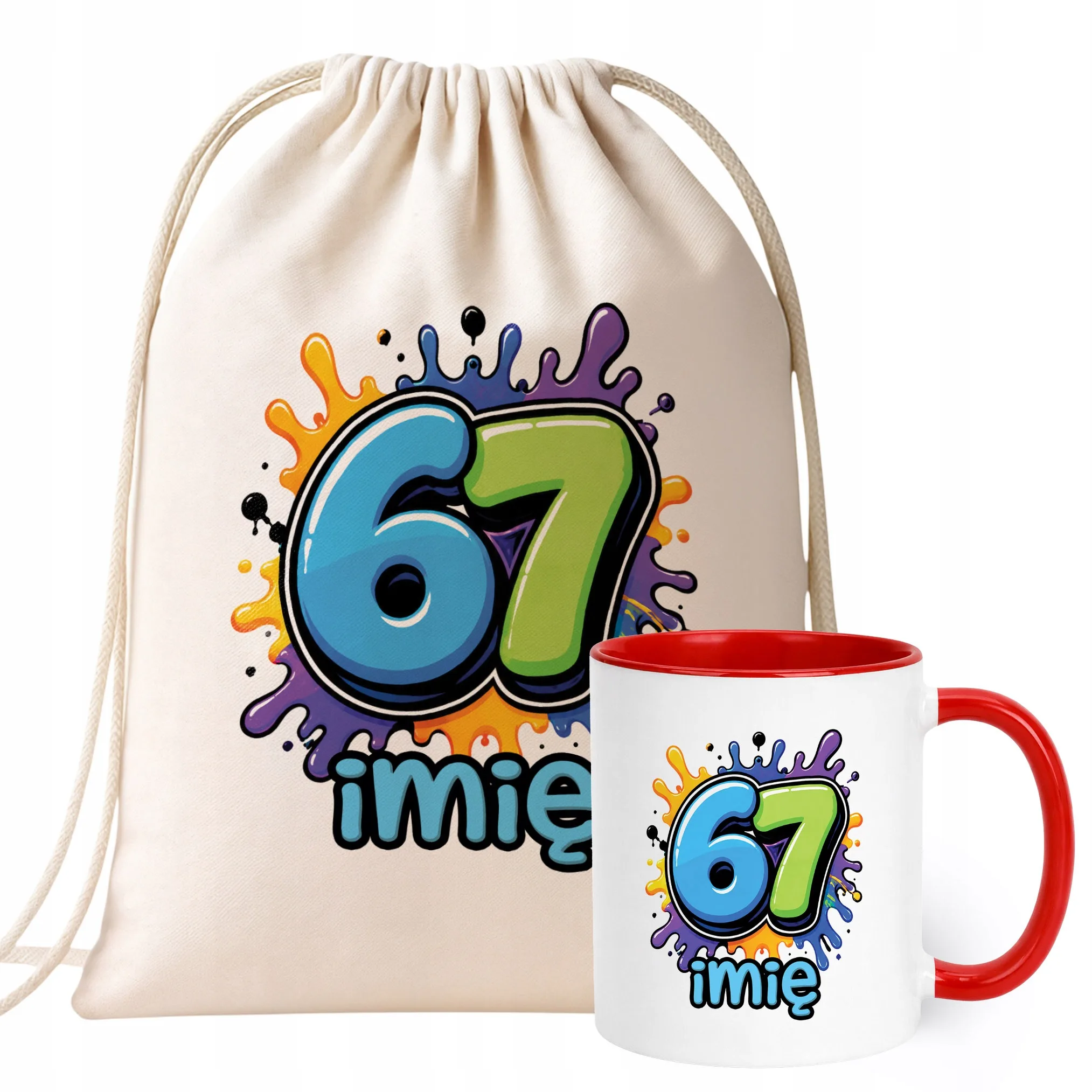 Zestaw Personalizowany Plecak Worek Kubek Czerwony 67 Six Seven Prezent