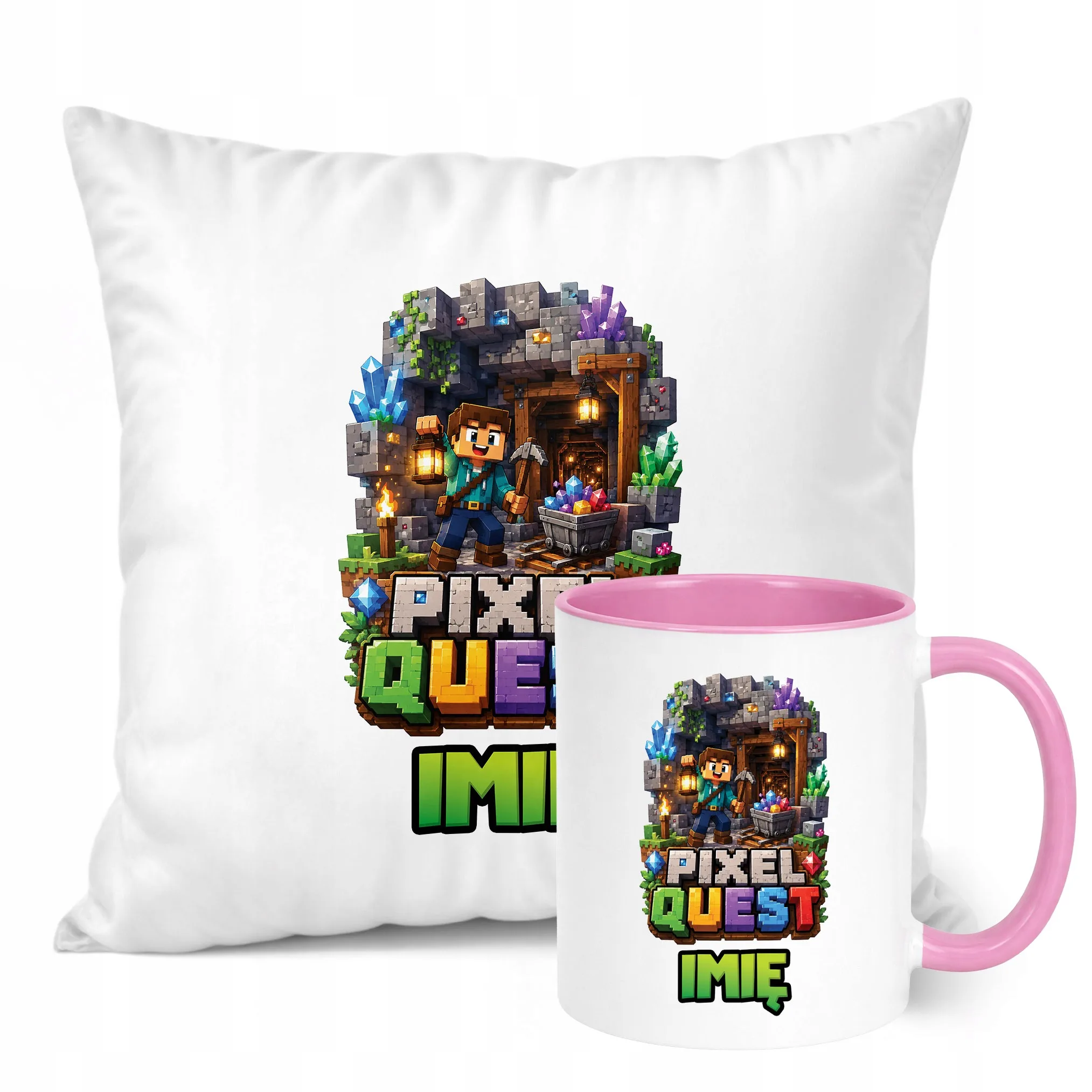 Zestaw Personalizowany Kubek Różowy Poduszka gra Pixel Quest Prezent