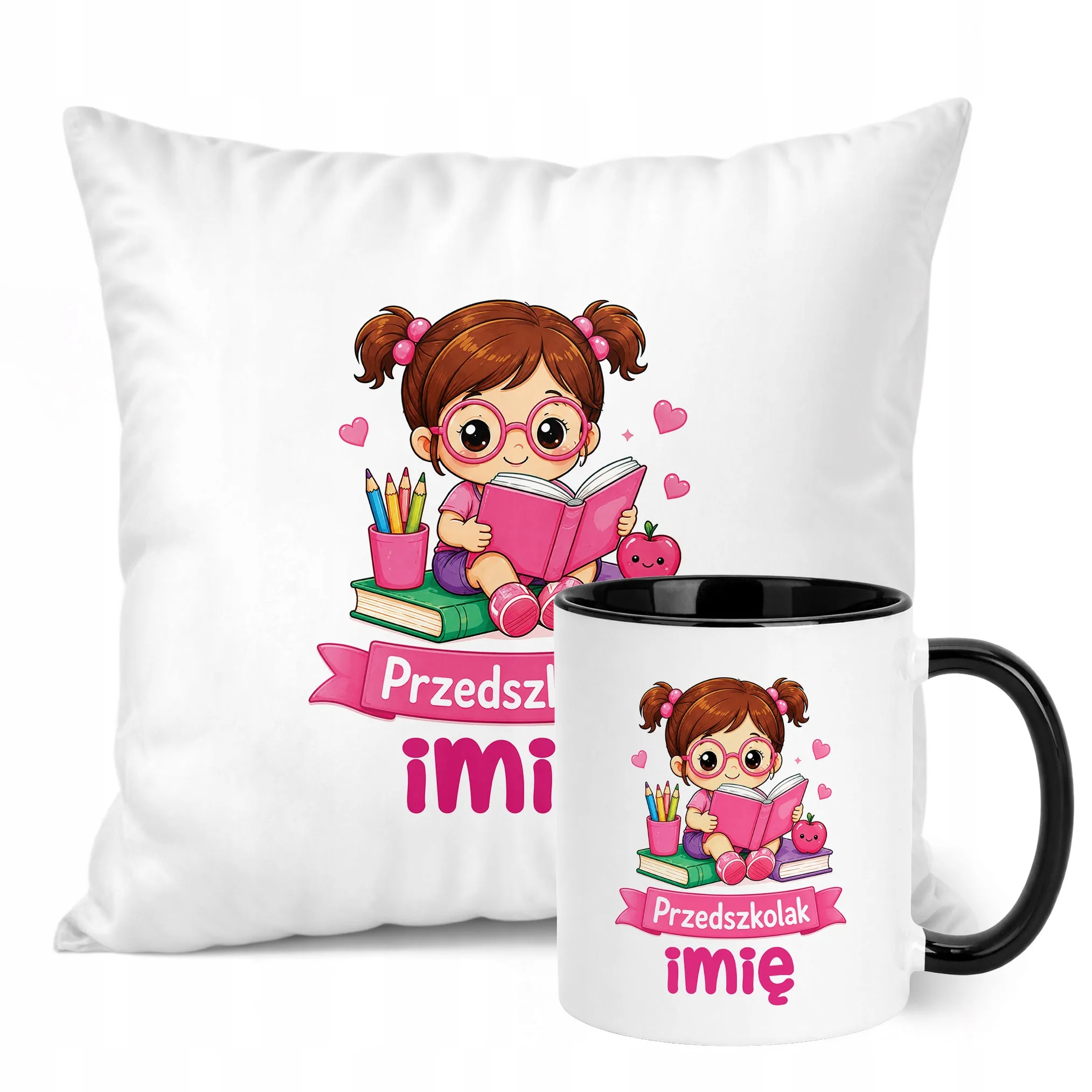 Zestaw Personalizowany Kubek Czarny Poduszka Przedszkolak Prezent