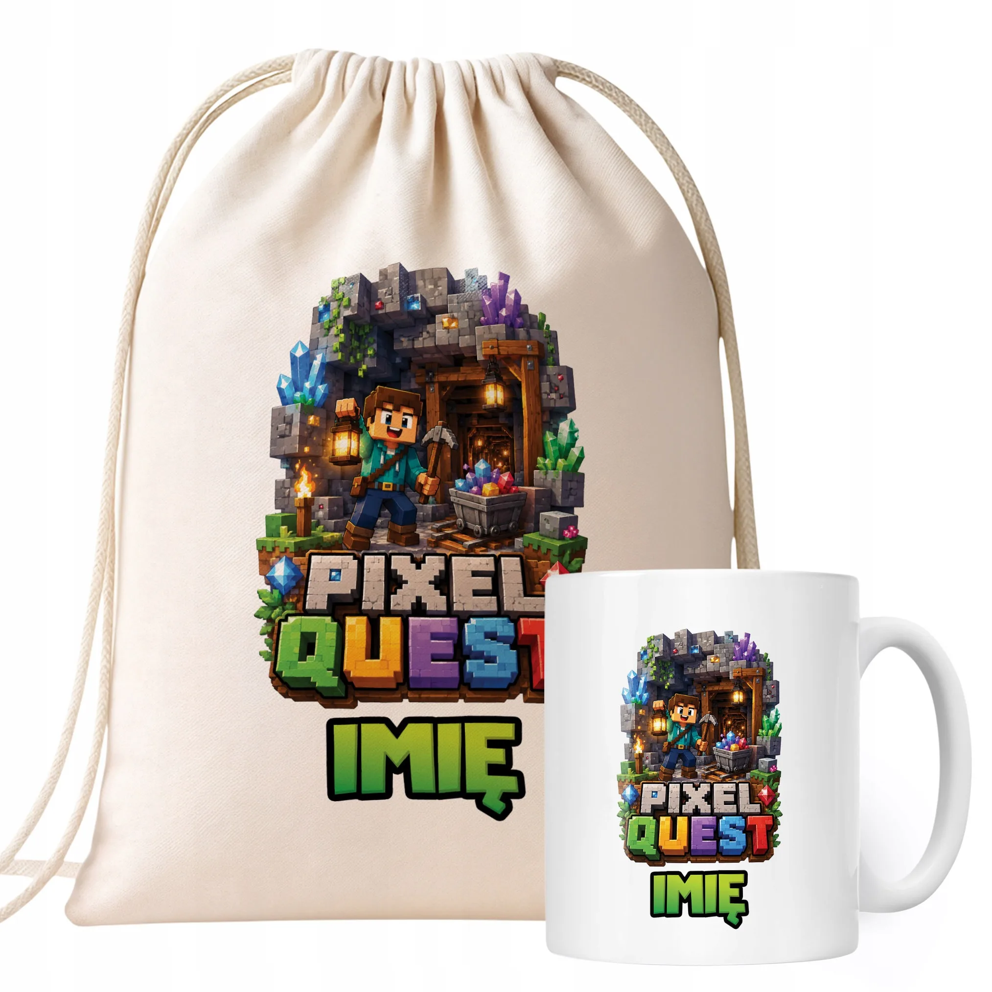 Zestaw Personalizowany Plecak Worek Kubek gra Pixel Quest Prezent