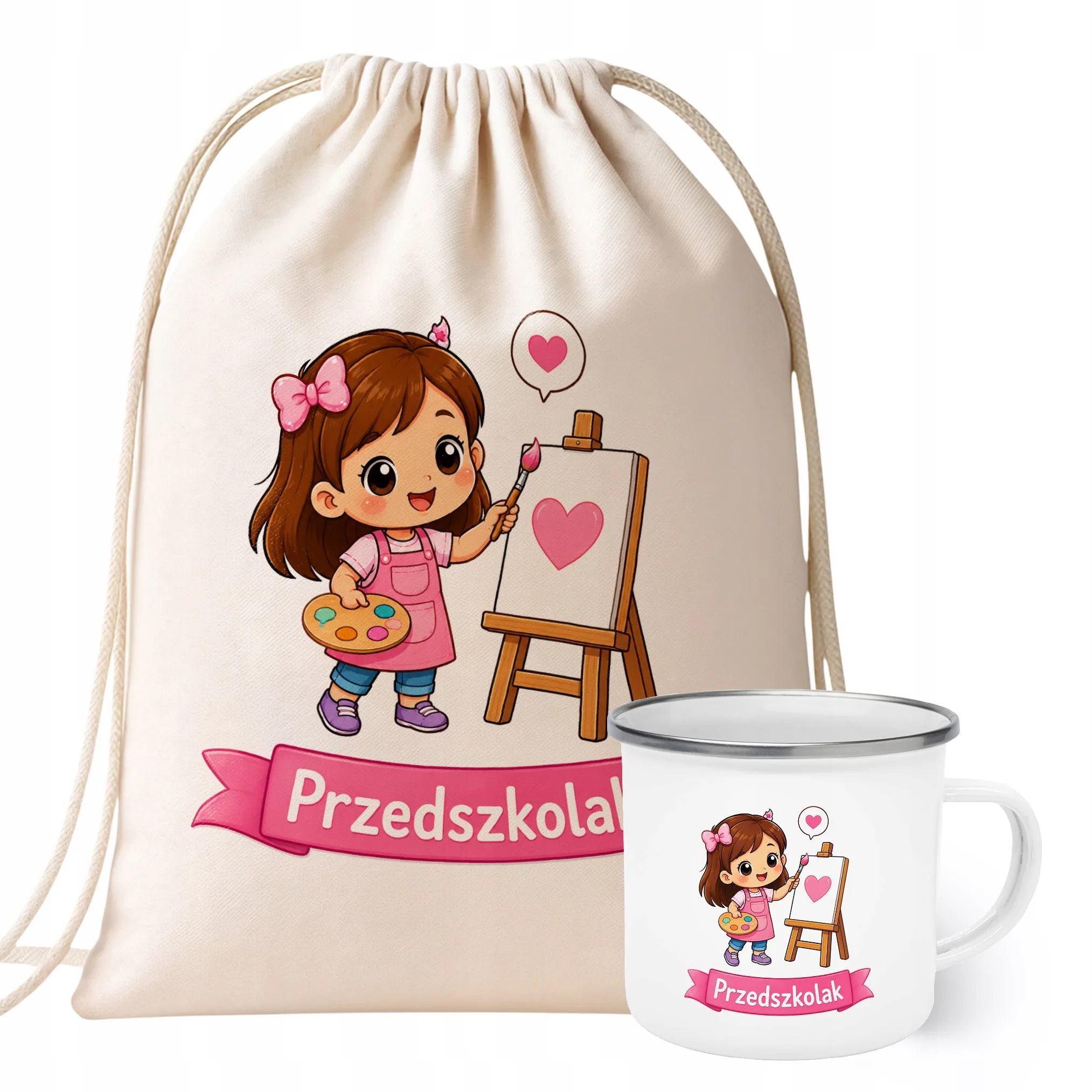 Zestaw Plecak Worek Kubek Emaliowany Z Nadrukiem Przedszkolak Szkoła