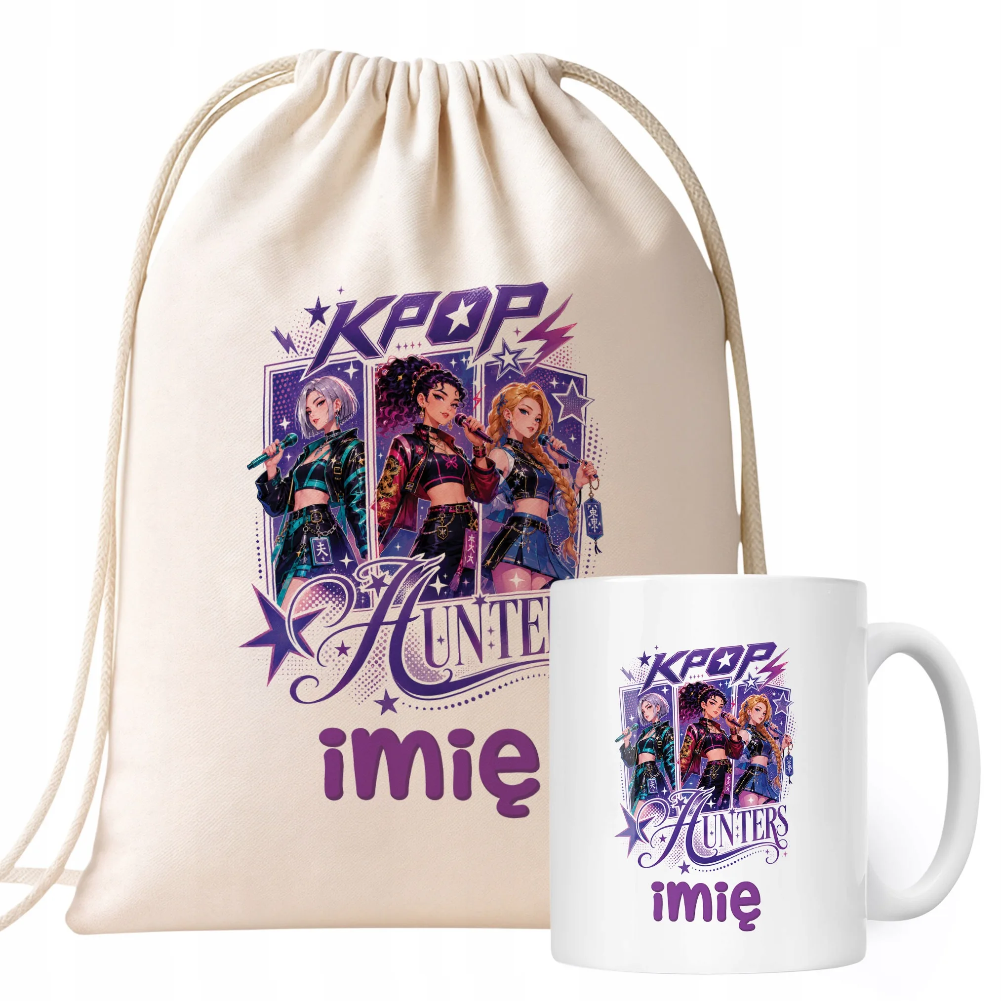 Zestaw Personalizowany Plecak Worek Kubek Łowczynie Kpop Prezent