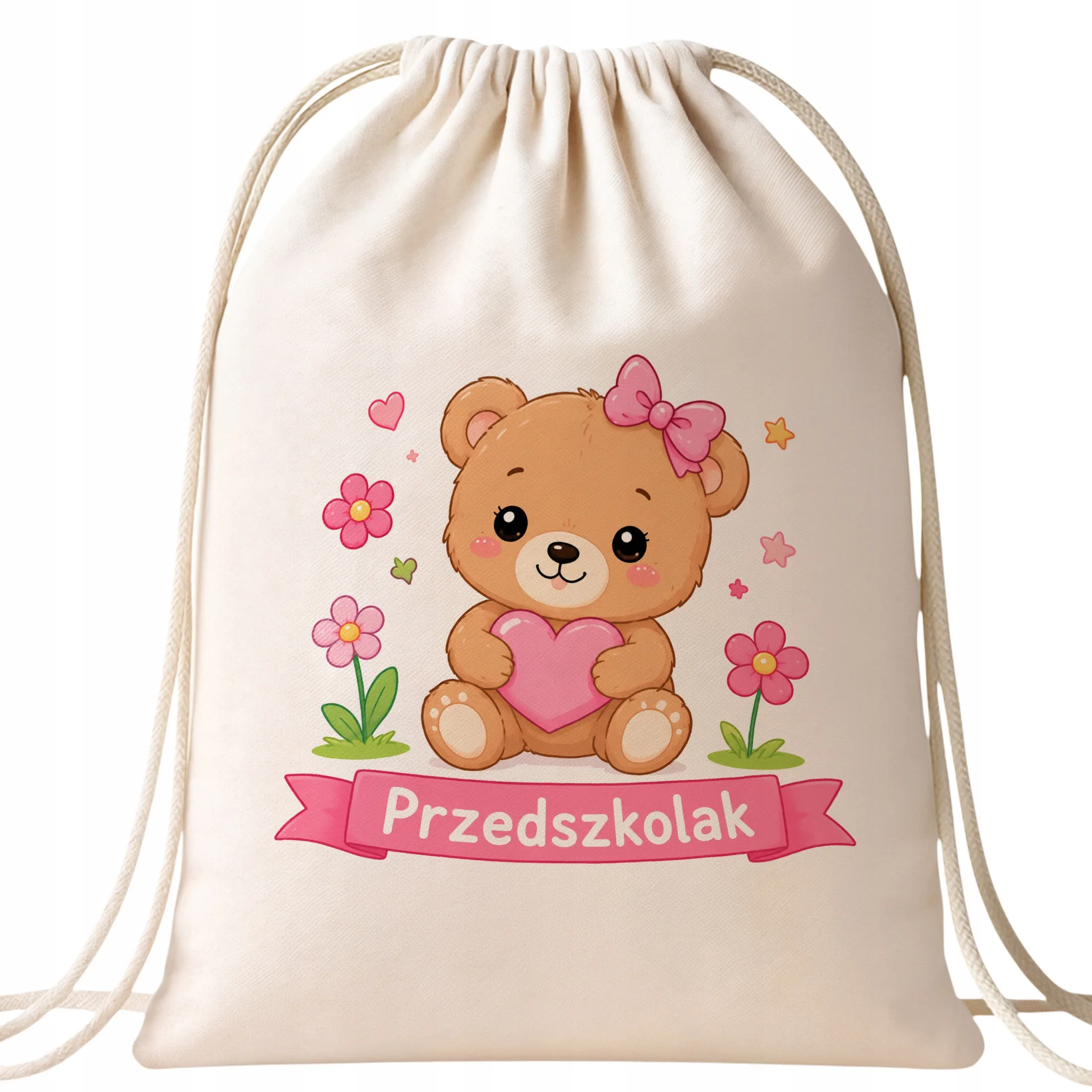 Plecak Worek Przedszkolak z Nadrukiem Bawełniany Szkolny na Buty Ecru