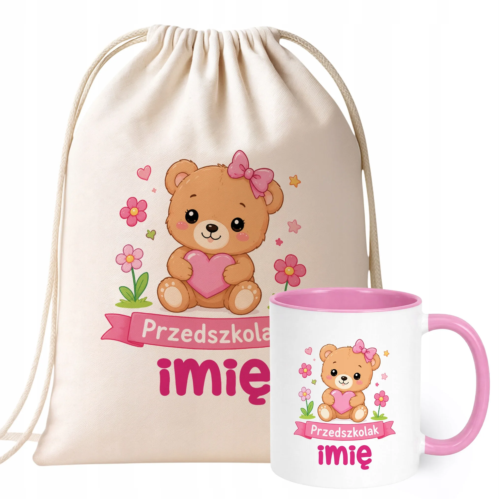 Zestaw Personalizowany Plecak Worek Kubek Różowy Przedszkolak Miś Prezent