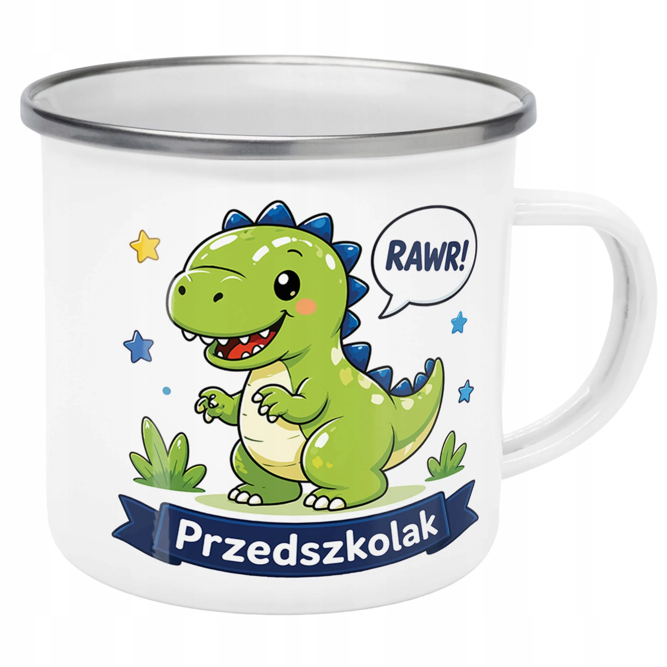 Kubek Emaliowany Przedszkolak Szkoła z Nadrukiem Biały Metalowy Prezent
