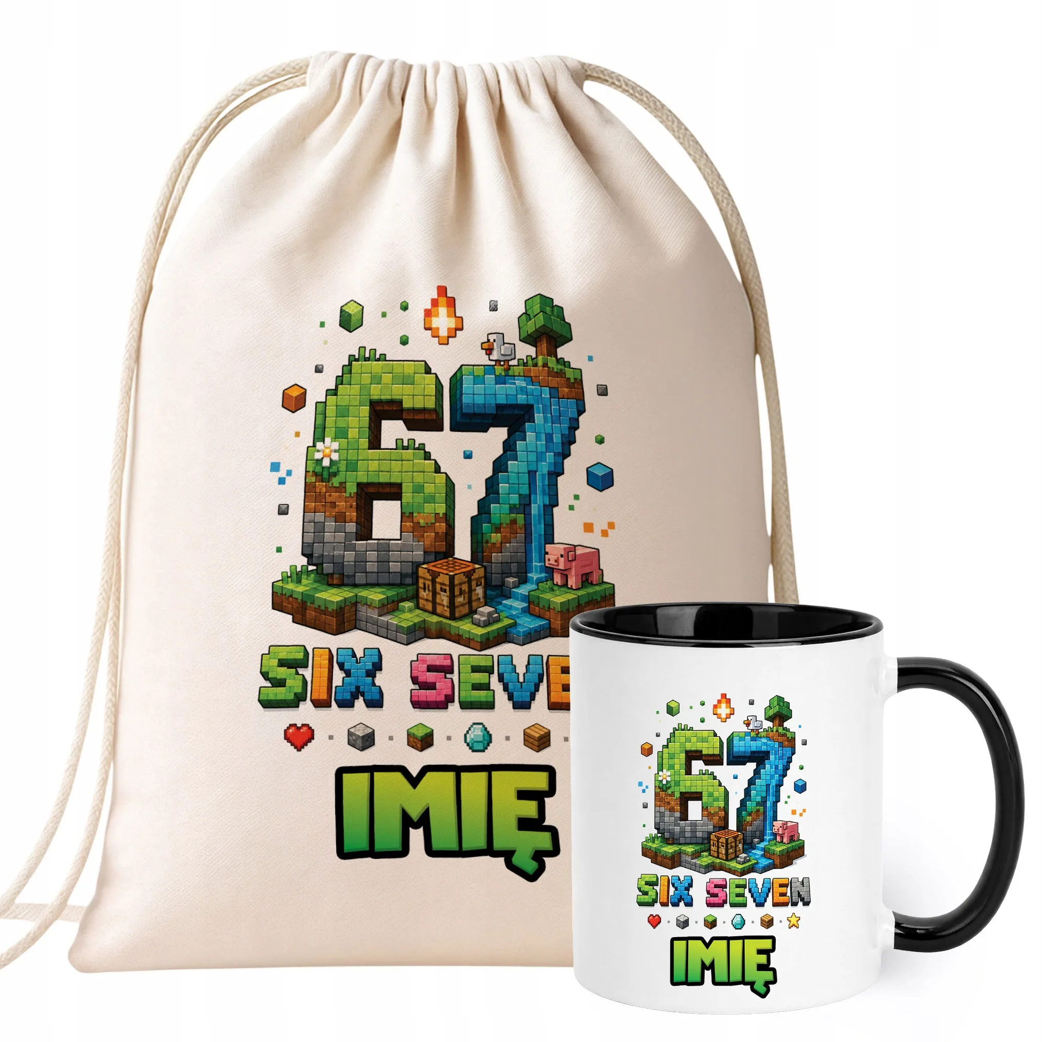 Zestaw Personalizowany Plecak Worek Kubek Czarny 67 Six Seven Prezent