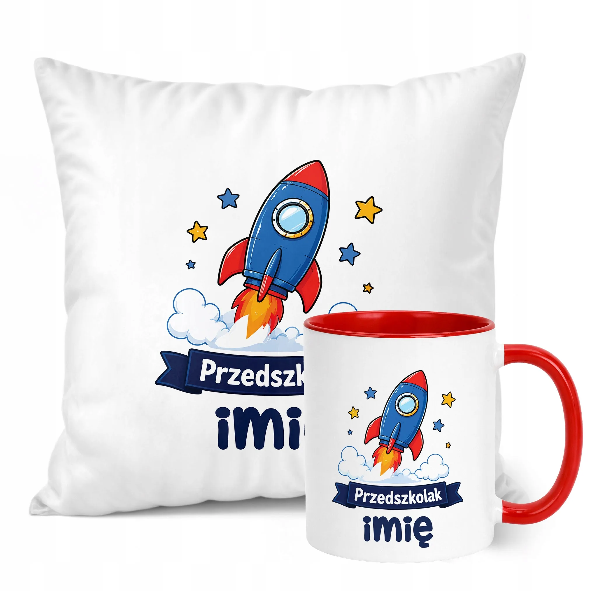 Zestaw Personalizowany Kubek Czerwony Poduszka Przedszkolak Rakieta