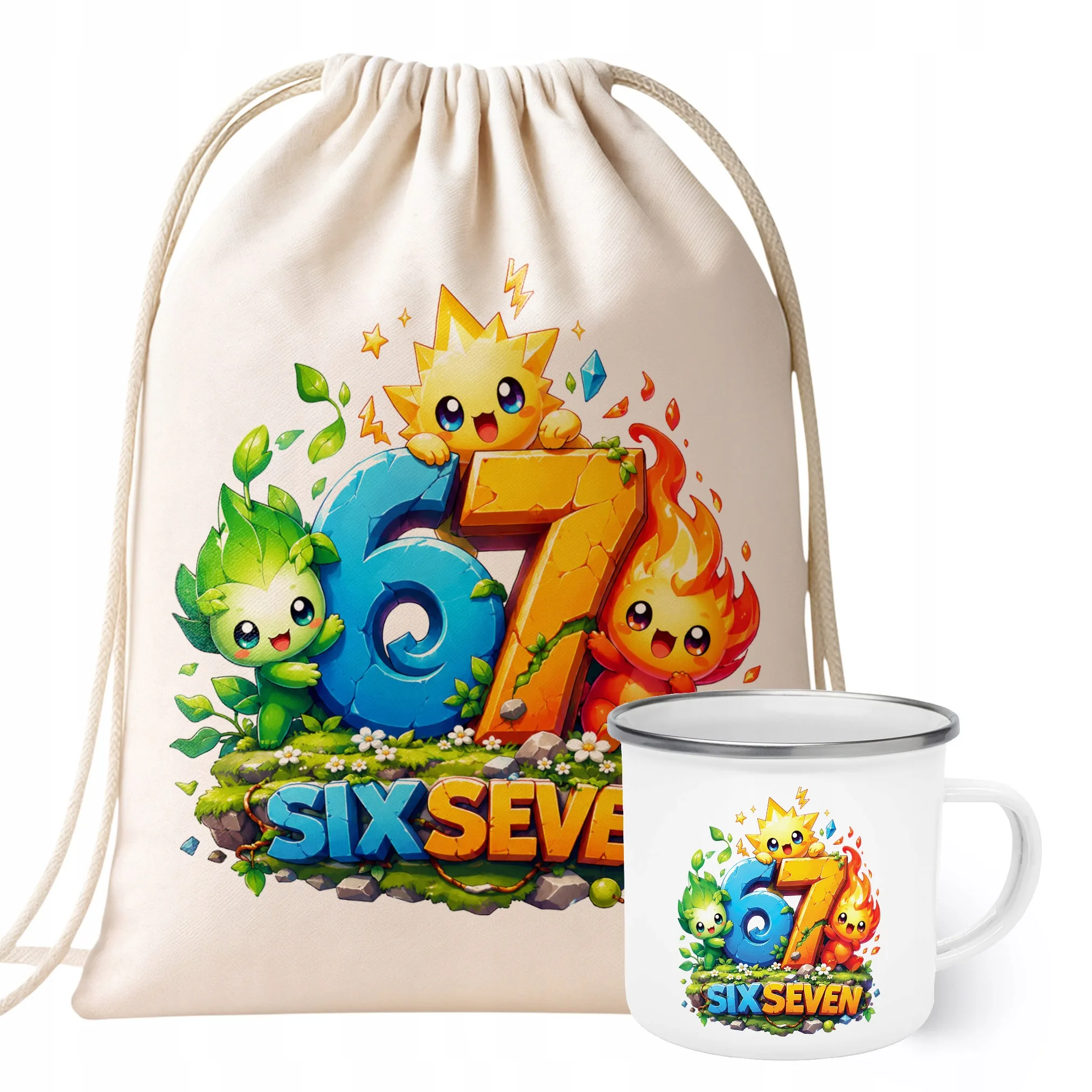 Zestaw Plecak Worek Kubek Emaliowany Z Nadrukiem SIX SEVEN 67 Prezent