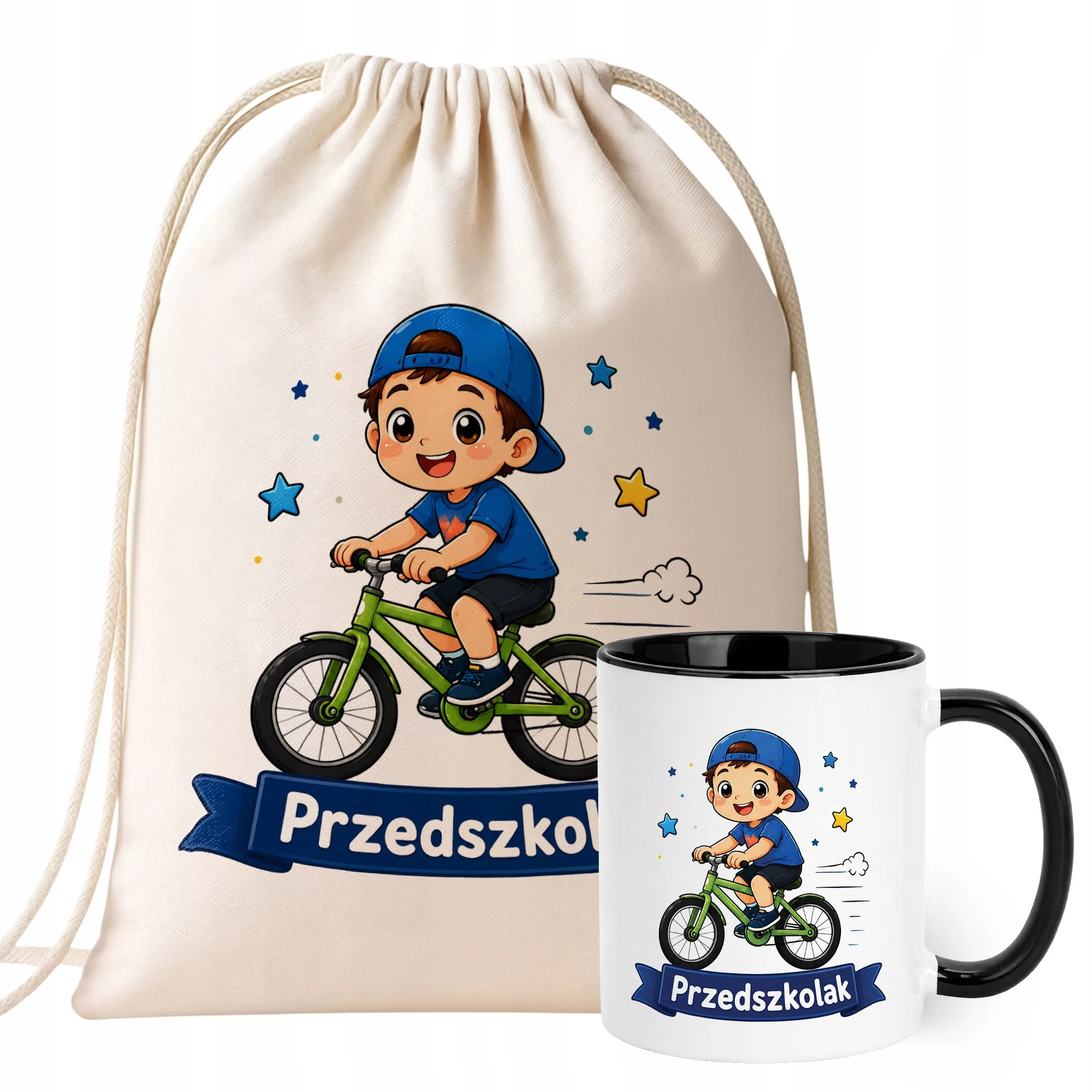 Zestaw Plecak Worek Kubek Czarny Z Nadrukiem Przedszkolak Dla Dzieci