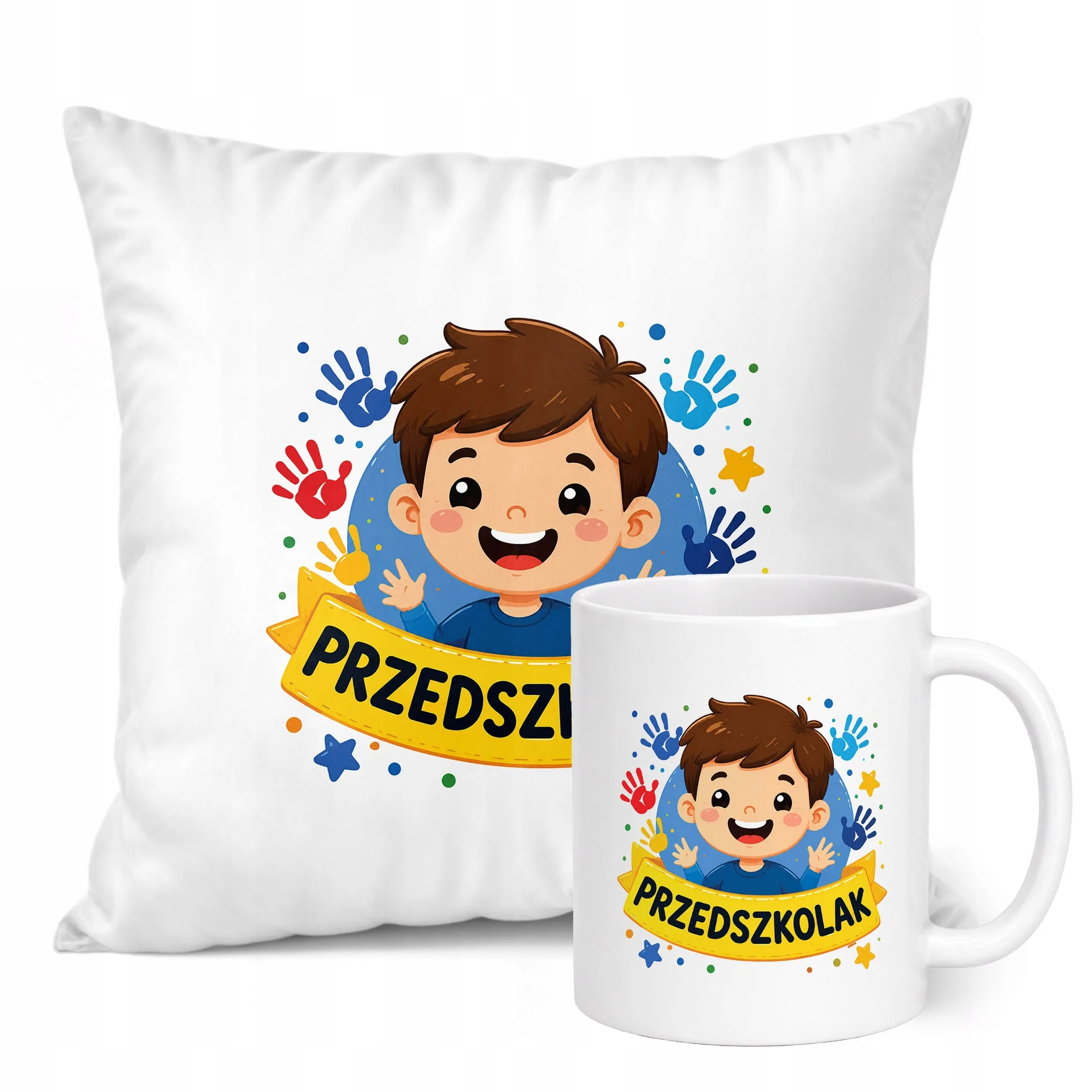 Zestaw Kubek Biały Poduszka Z Nadrukiem Przedszkolak Szkoła Prezent