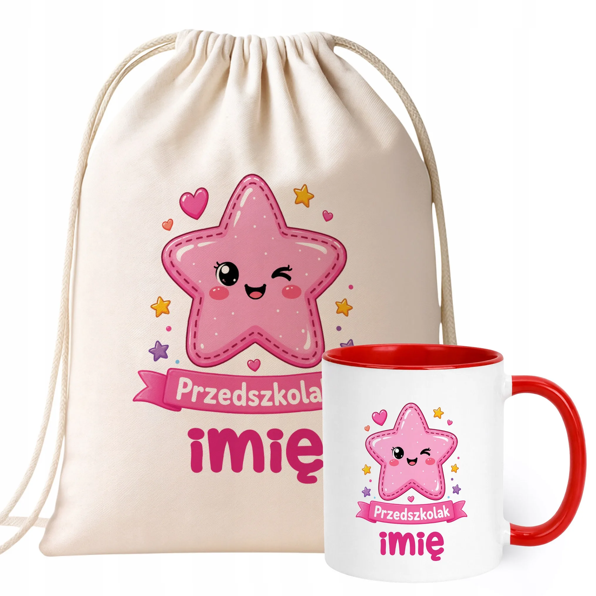 Zestaw Personalizowany Plecak Worek Kubek Czerwony Przedszkolak Gwiazdka