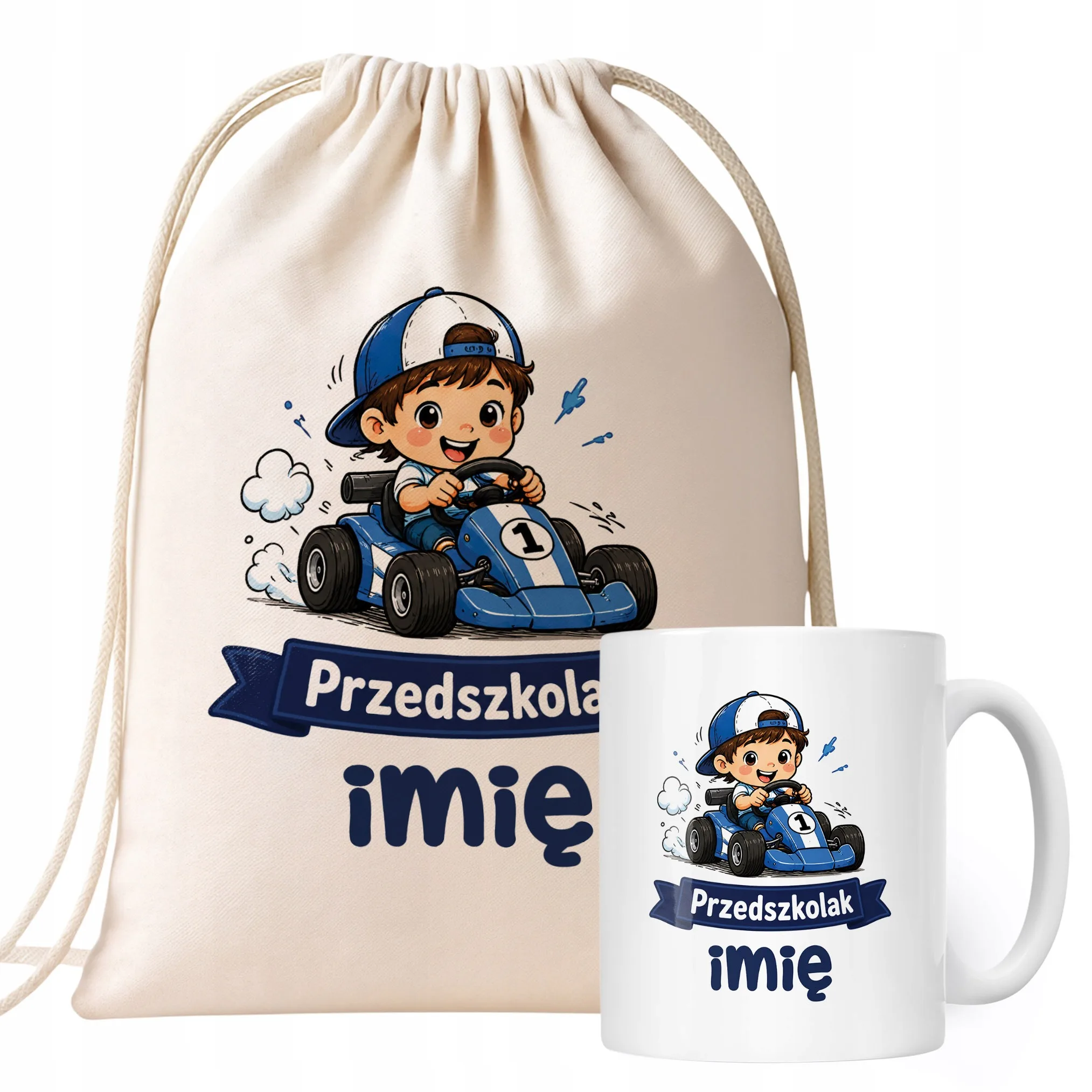 Zestaw Personalizowany Plecak Worek Kubek Przedszkolak Formuła 1 Prezent