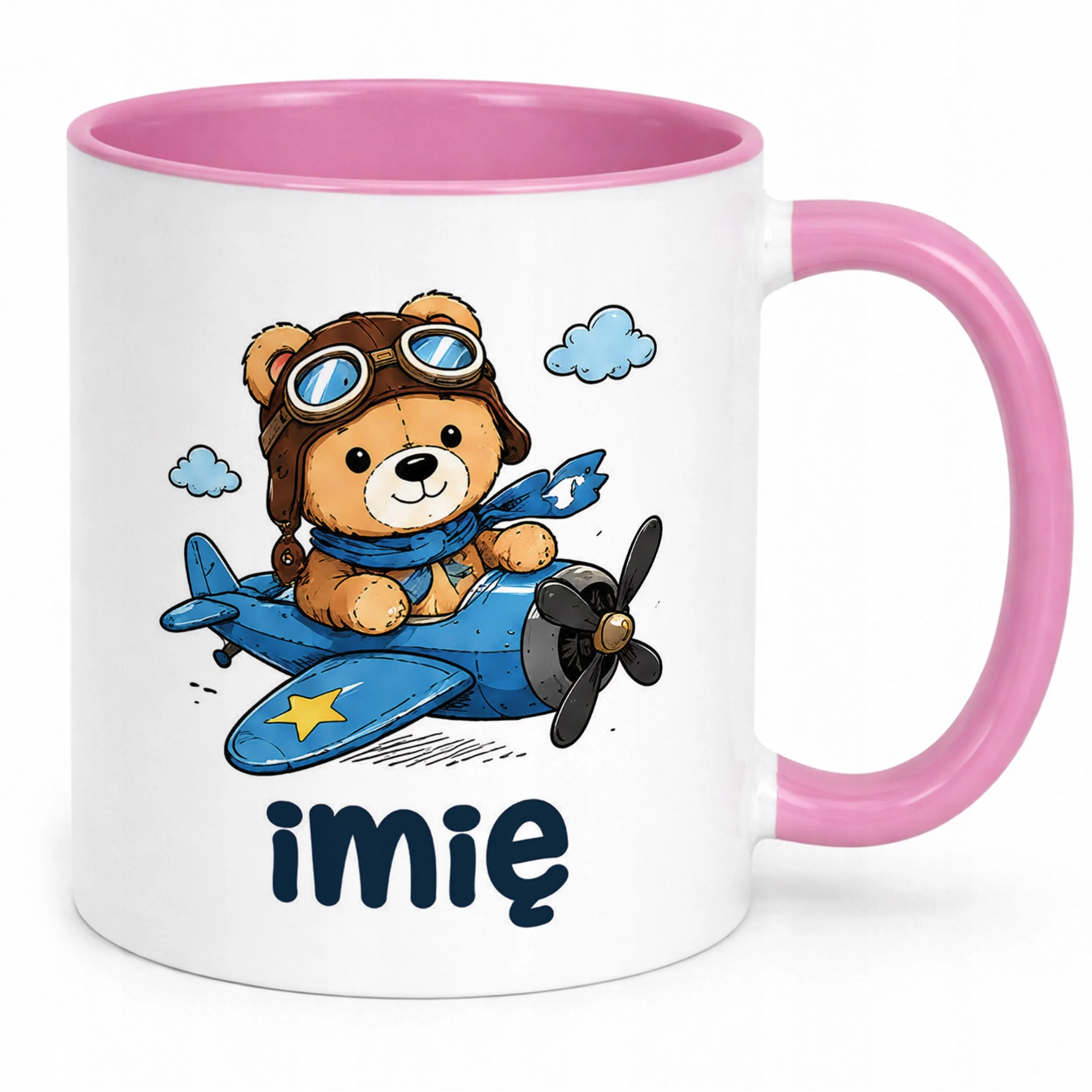 Kubek Różowy z nadrukiem personalizowany Uroczy Miś Pilot Dla Dzieci