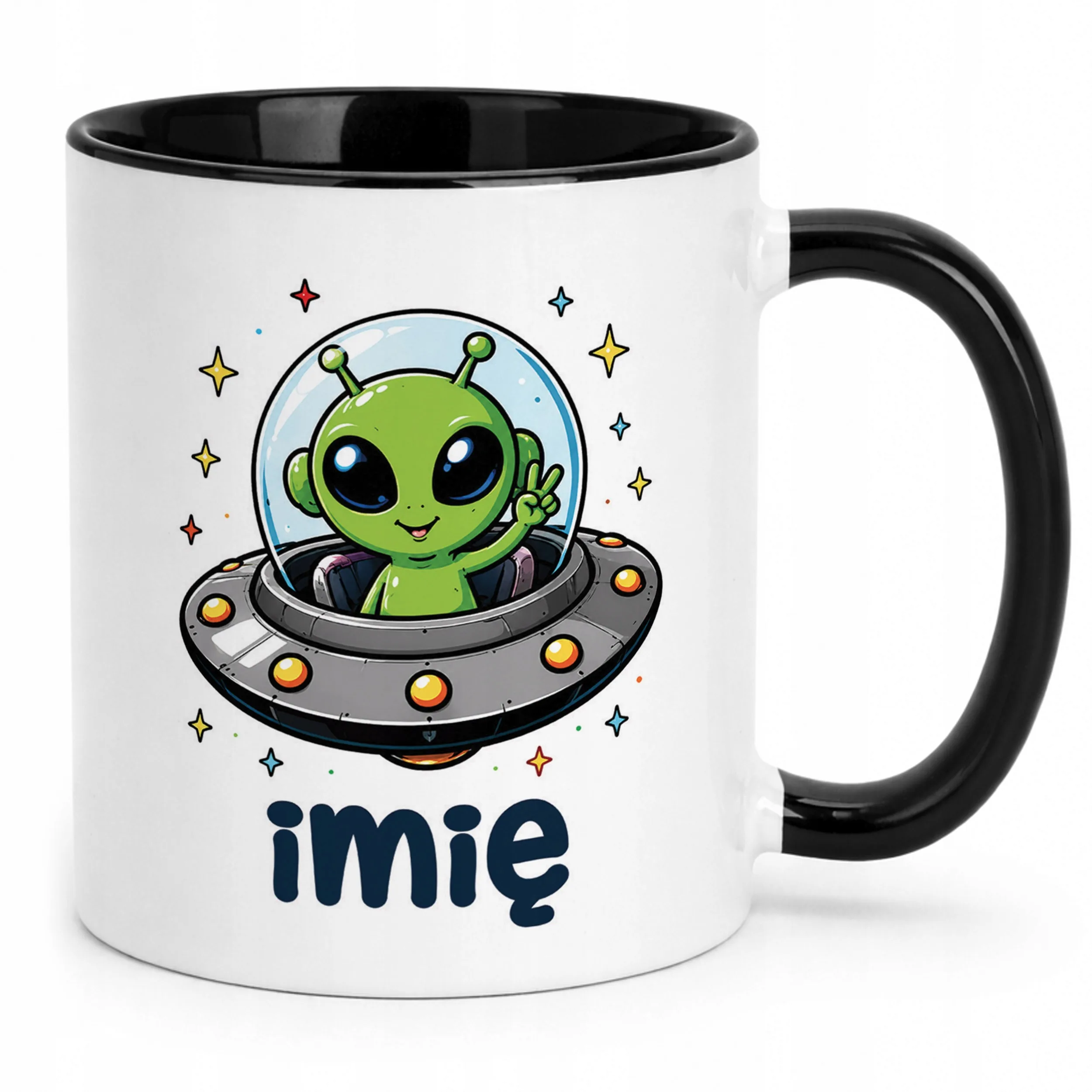 Kubek Czarny z nadrukiem personalizowany Kosmita UFO Dla Dzieci Prezent