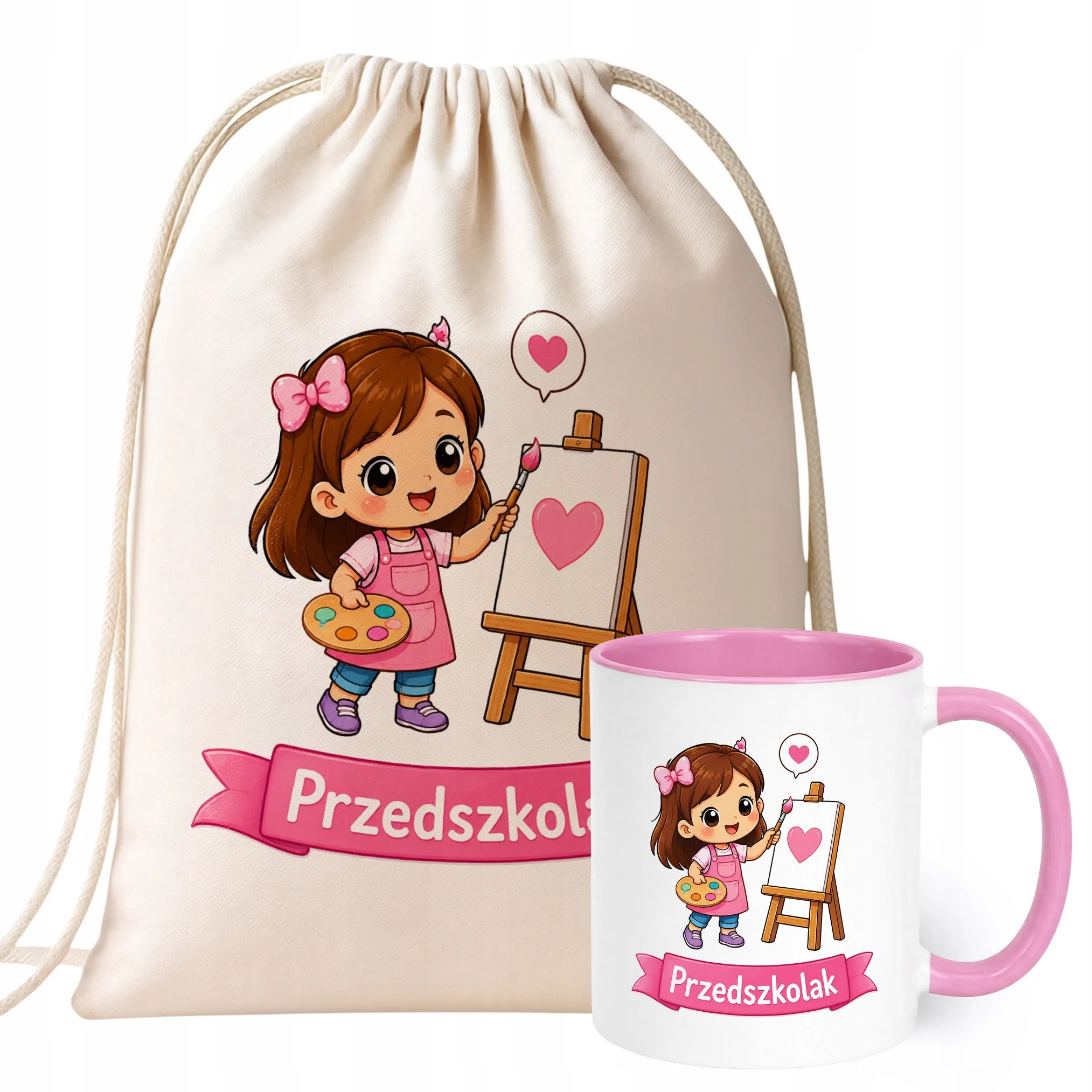 Zestaw Plecak Worek Kubek Różowy Z Nadrukiem Przedszkolak Dla Dzieci