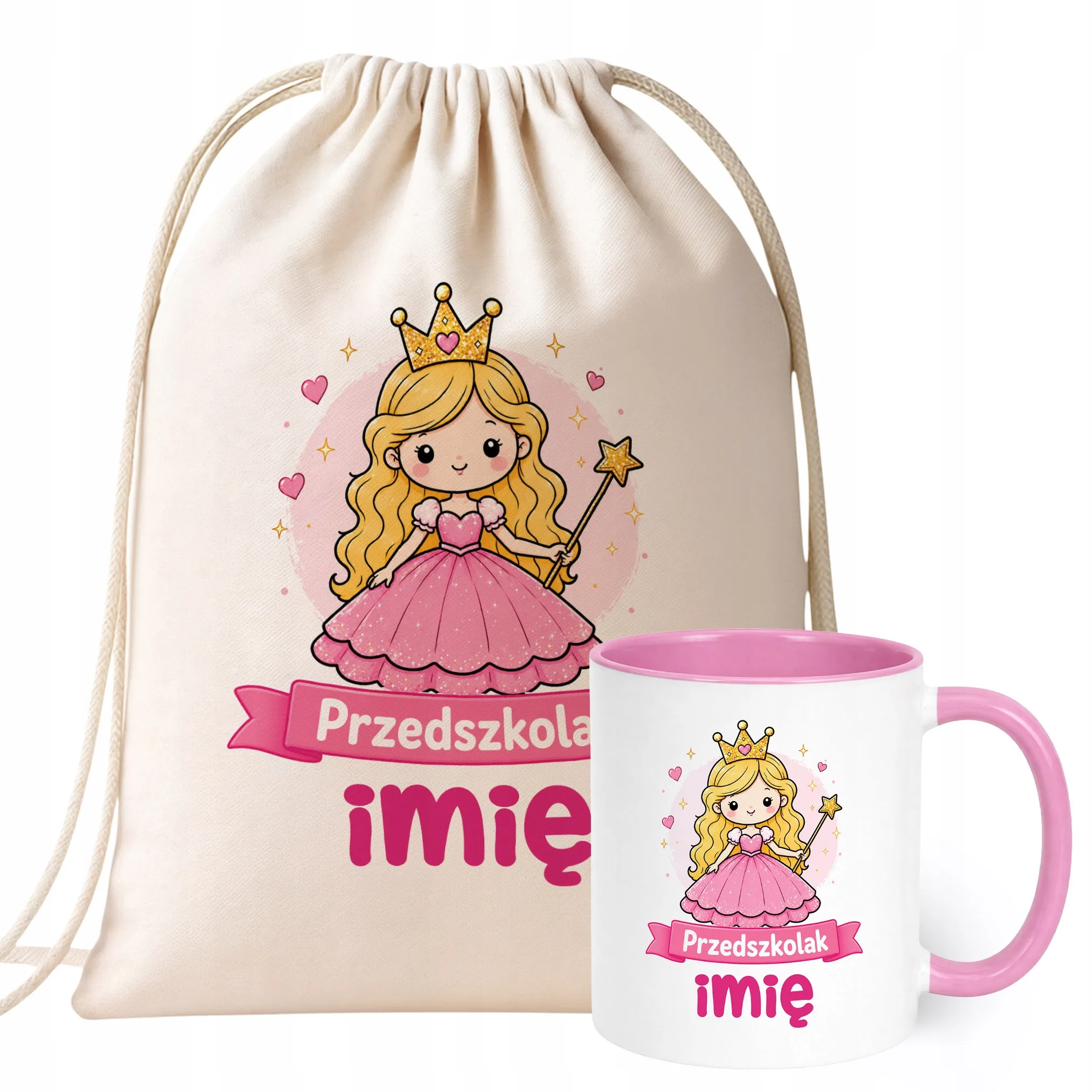 Zestaw Personalizowany Plecak Worek Kubek Różowy Przedszkolak Księżniczka