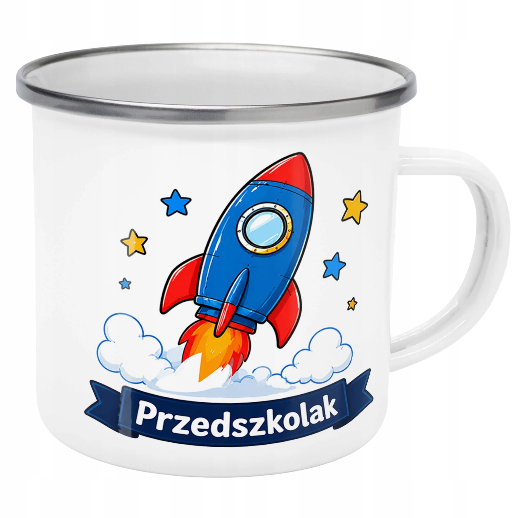 Kubek Emaliowany Przedszkolak Szkoła z Nadrukiem Biały Metalowy Prezent