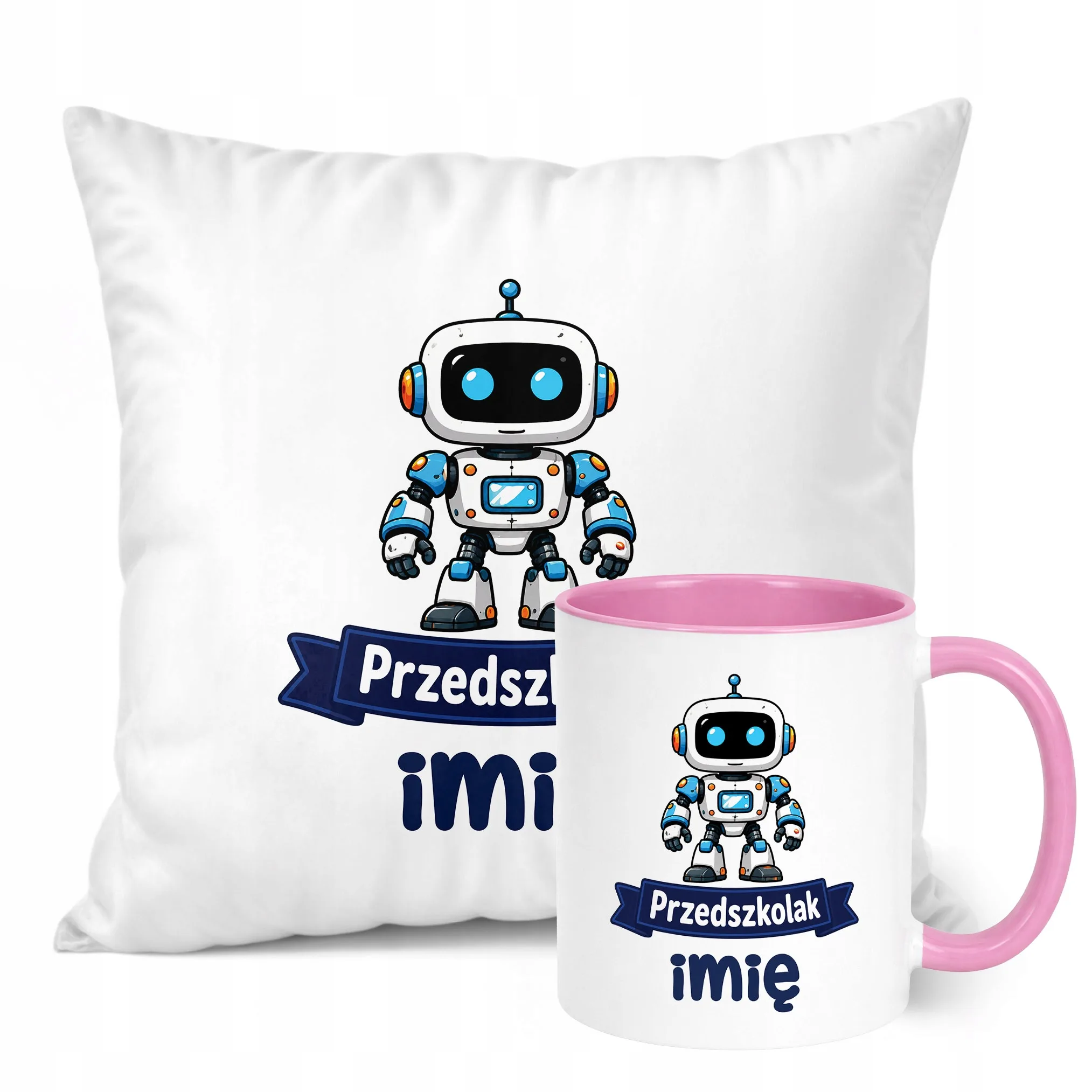 Zestaw Personalizowany Kubek Różowy Poduszka Przedszkolak Robot