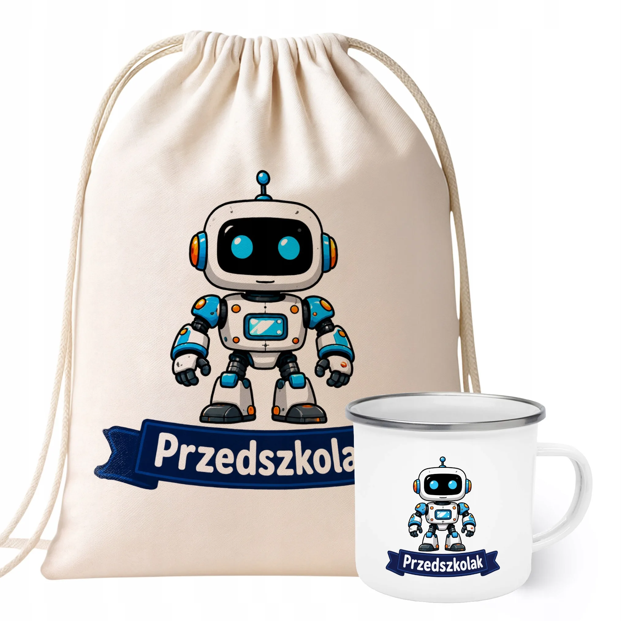 Zestaw Plecak Worek Kubek Emaliowany Z Nadrukiem Przedszkolak Szkoła