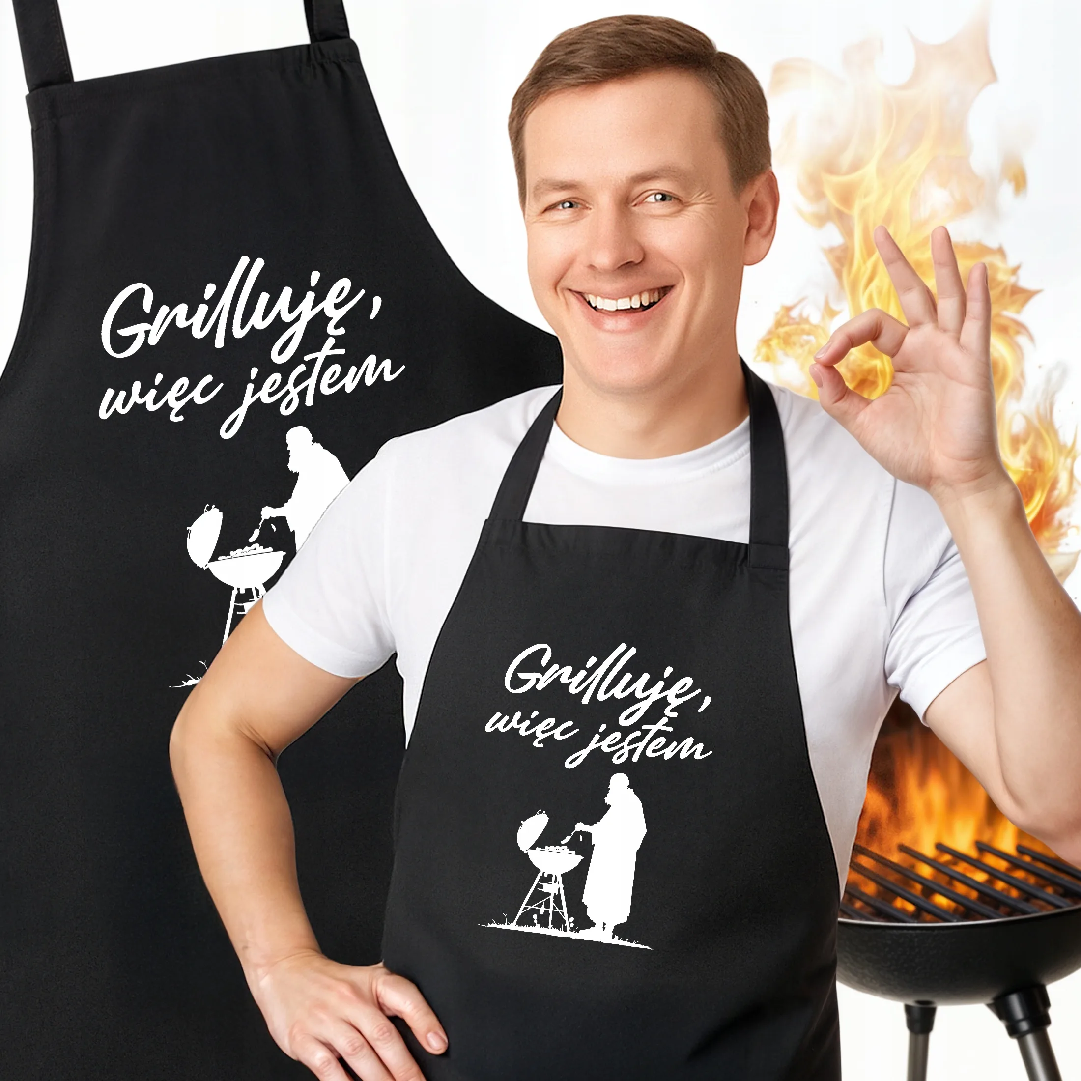 Bawełniany Czarny Fartuch Kuchenny Grilluję Więc Jestem Z Nadrukiem