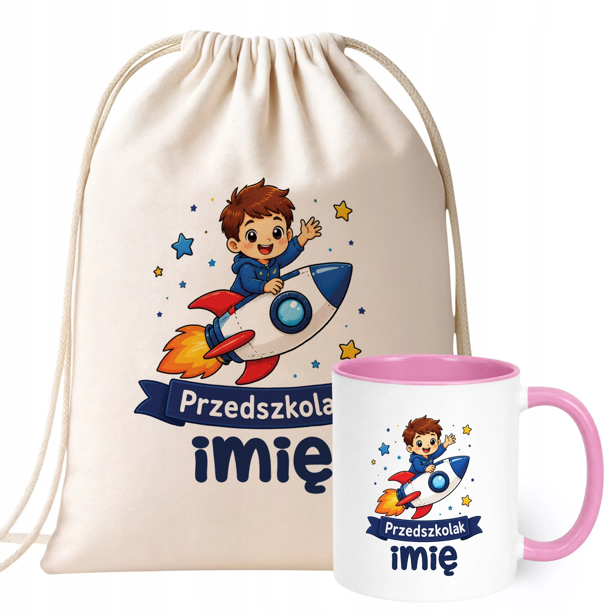 Zestaw Personalizowany Plecak Worek Kubek Różowy Przedszkolak Rakieta