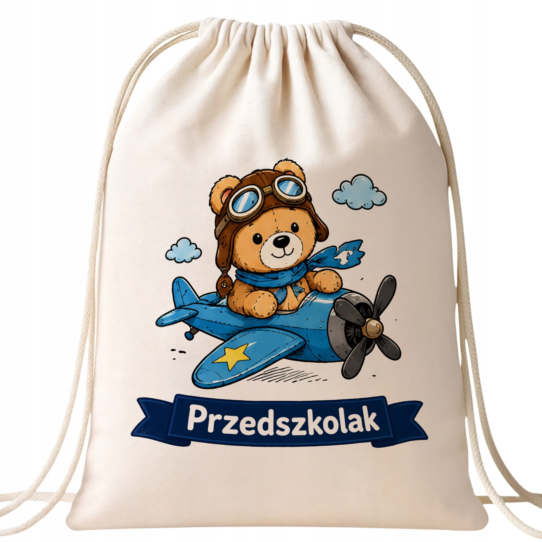Plecak Worek Przedszkolak z Nadrukiem Bawełniany Szkolny na Buty Ecru
