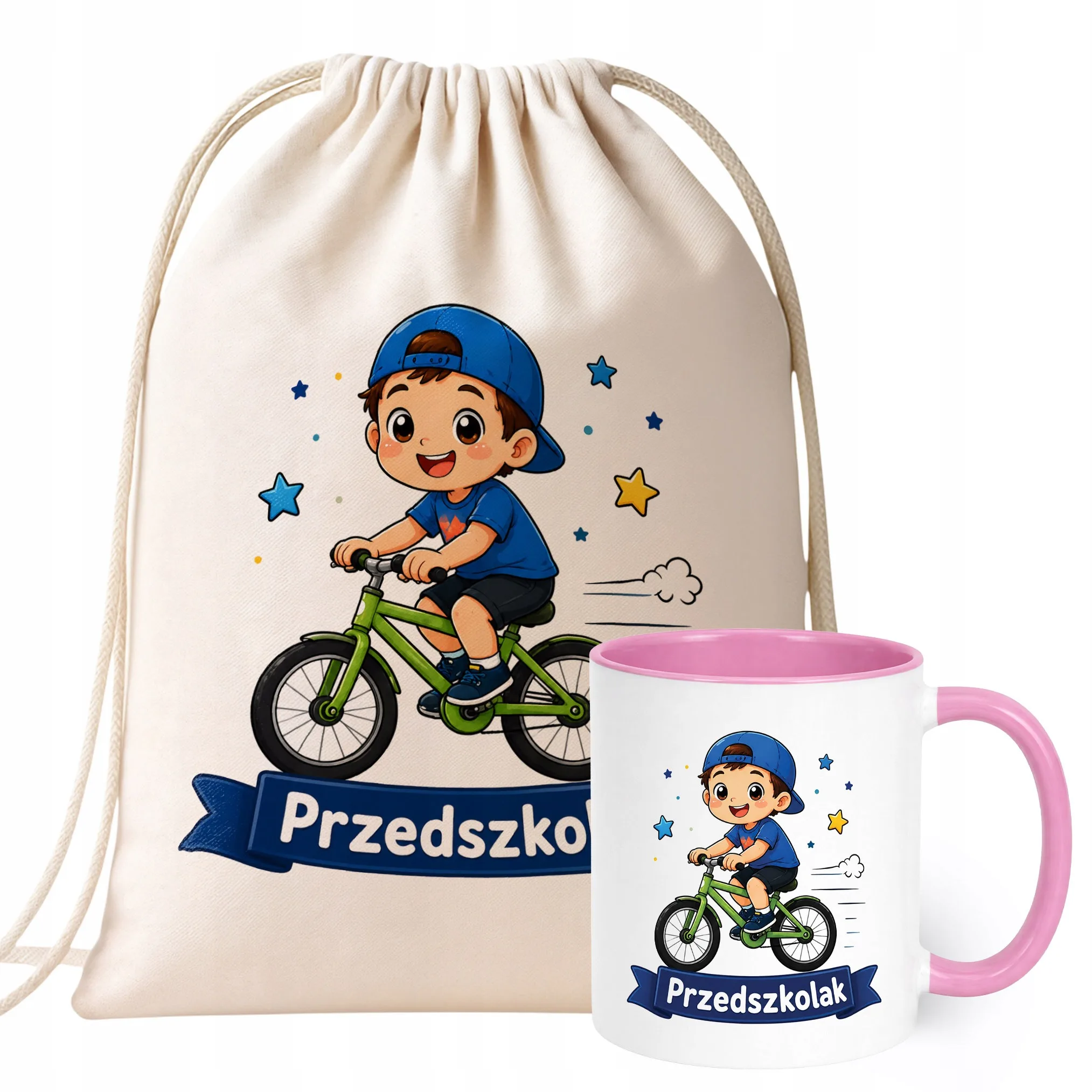 Zestaw Plecak Worek Kubek Różowy Z Nadrukiem Przedszkolak Dla Dzieci