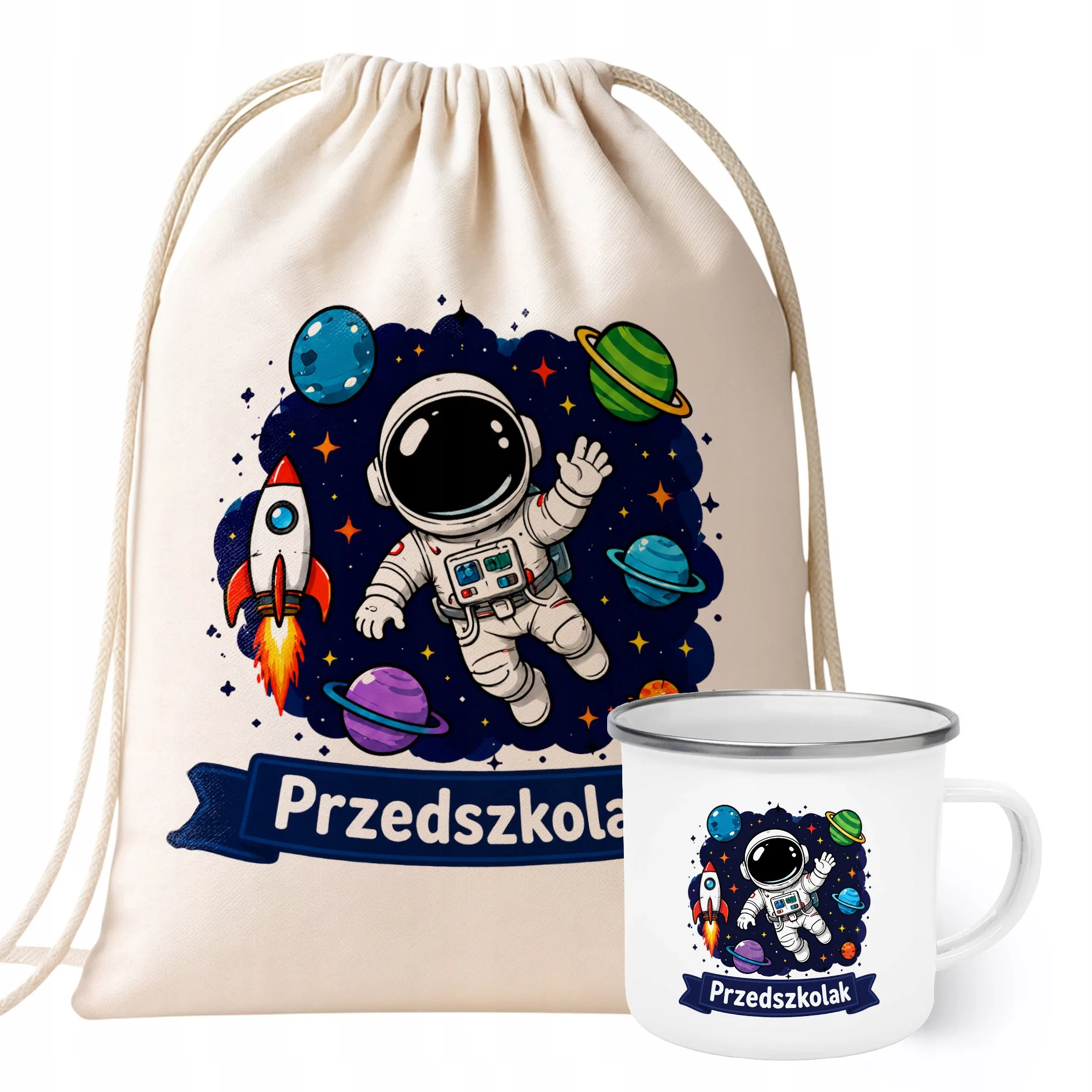Zestaw Plecak Worek Kubek Emaliowany Z Nadrukiem Przedszkolak Szkoła