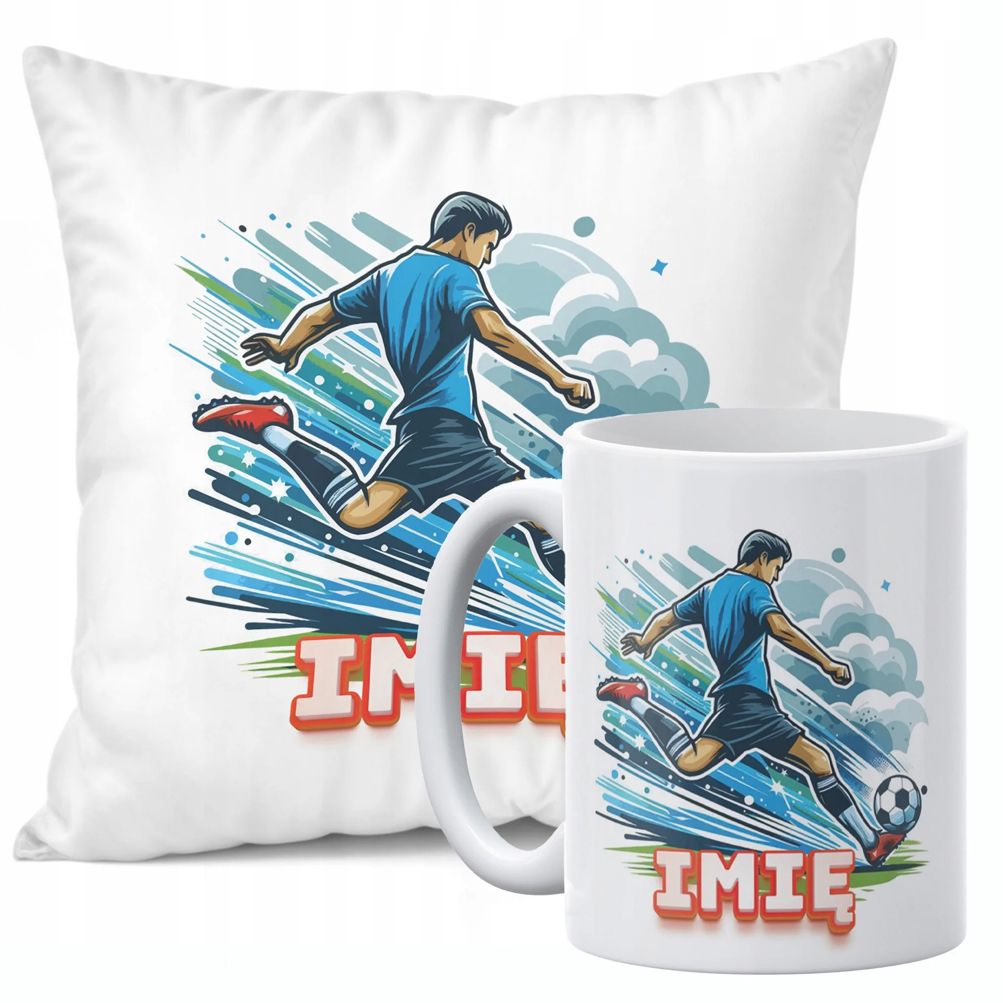 Zestaw Personalizowany Kubek + Poduszka 38×38 cm Piłka Nożna Dla Piłkarza