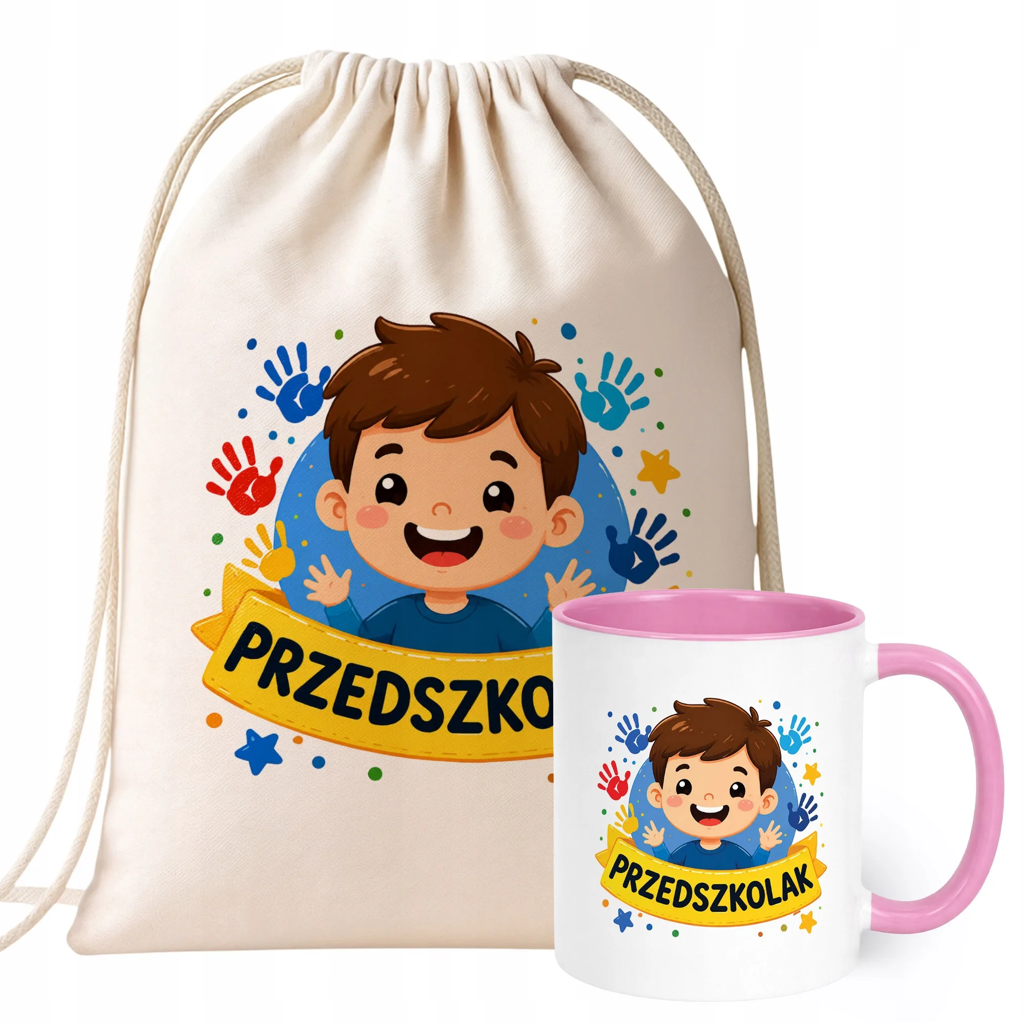 Zestaw Plecak Worek Kubek Różowy Z Nadrukiem Przedszkolak Dla Dzieci