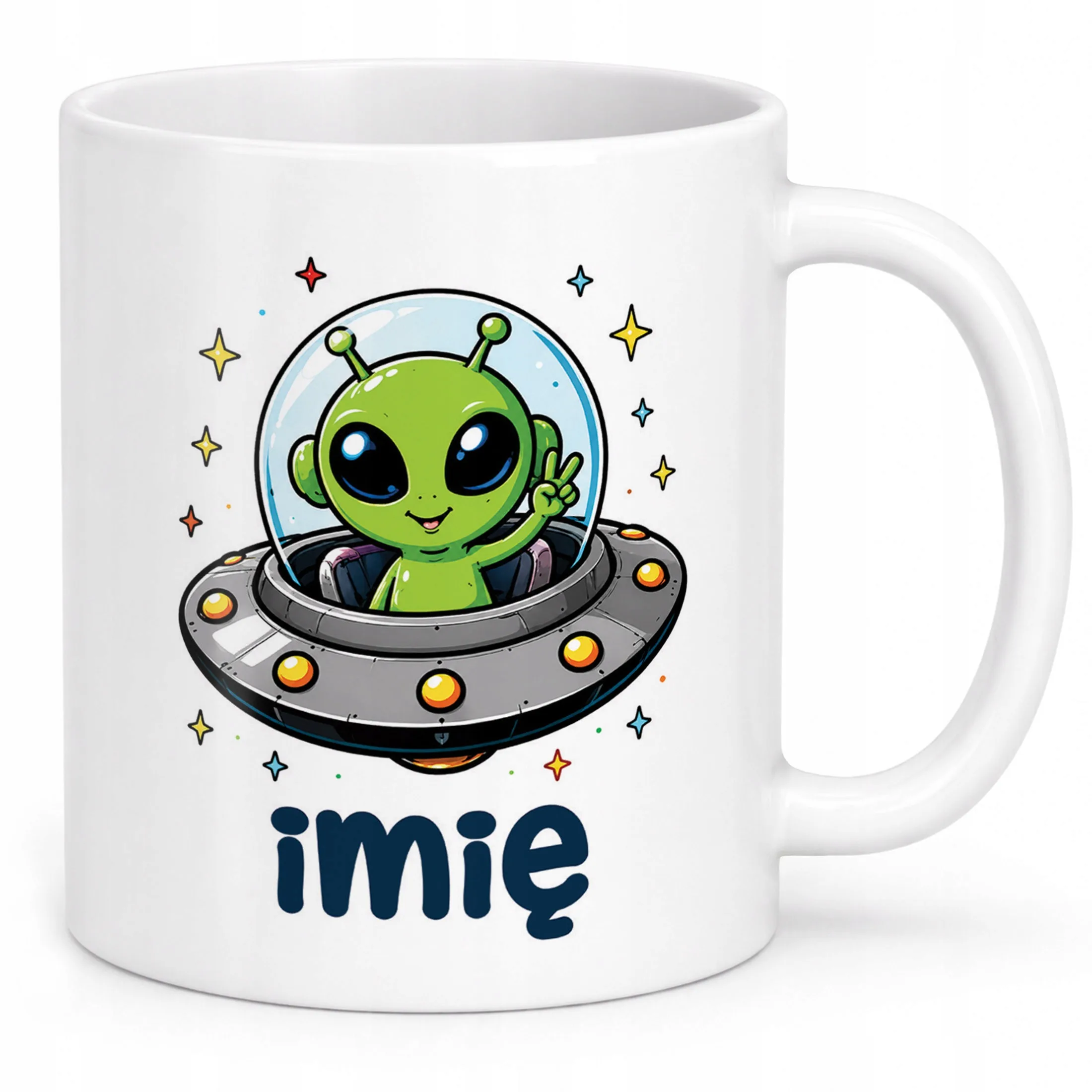 Biały Kubek z nadrukiem personalizowany Kosmita UFO Dla Dzieci Prezent