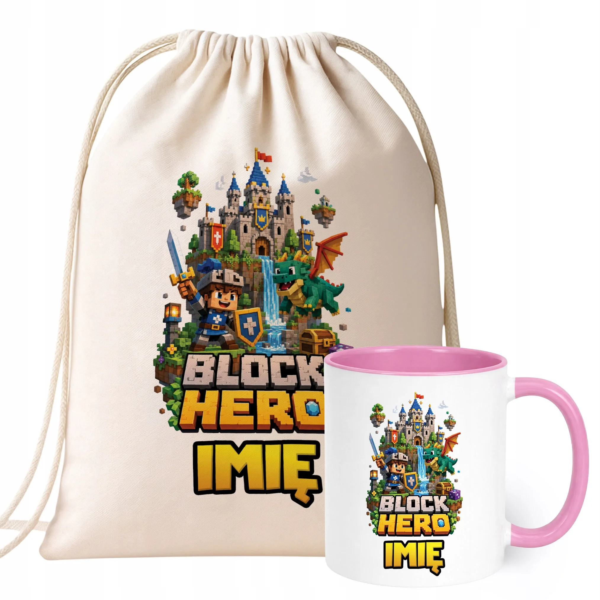 Zestaw Personalizowany Plecak Worek Kubek Różowy gra Block Hero Prezent
