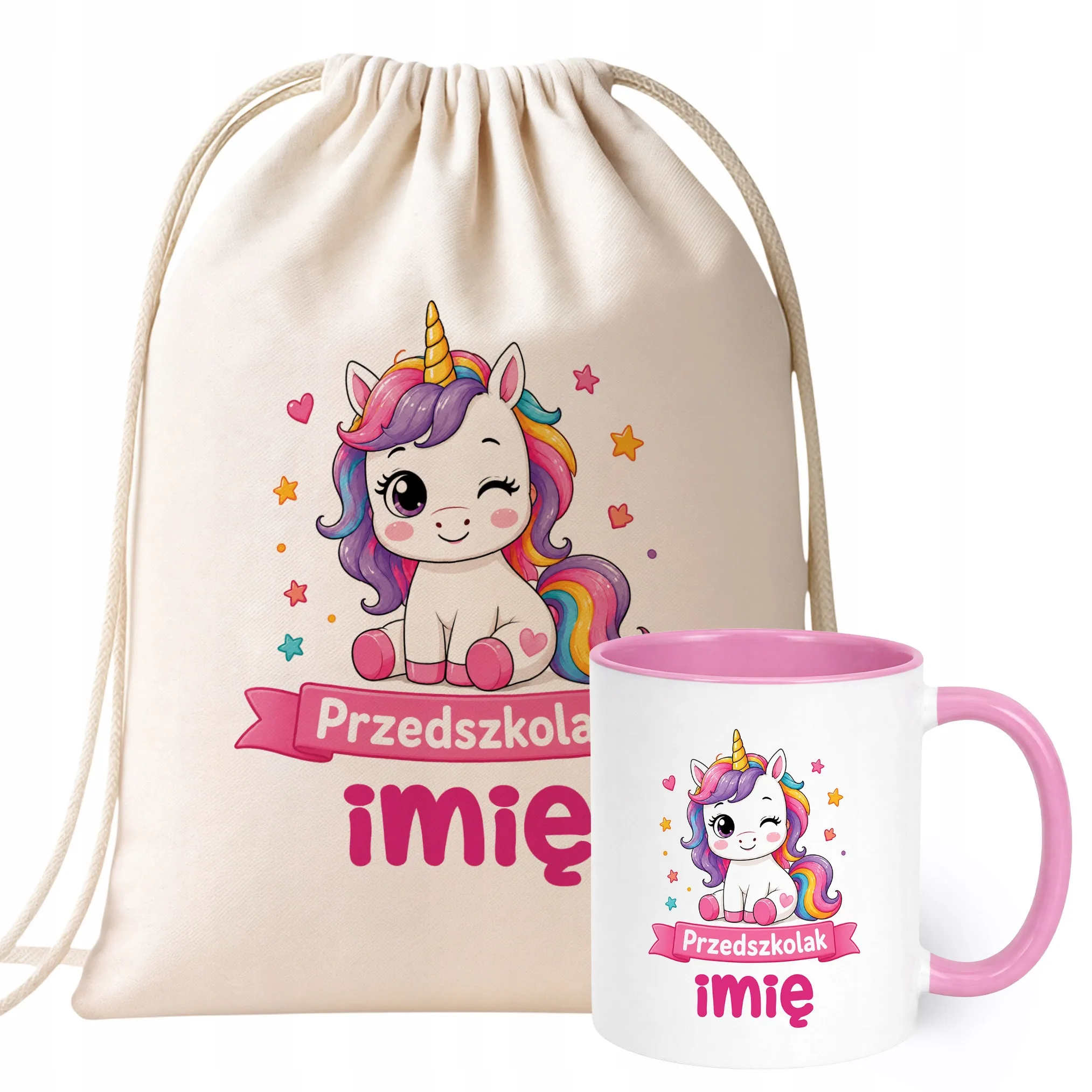 Zestaw Personalizowany Plecak Worek Kubek Różowy Przedszkolak Jednorożec