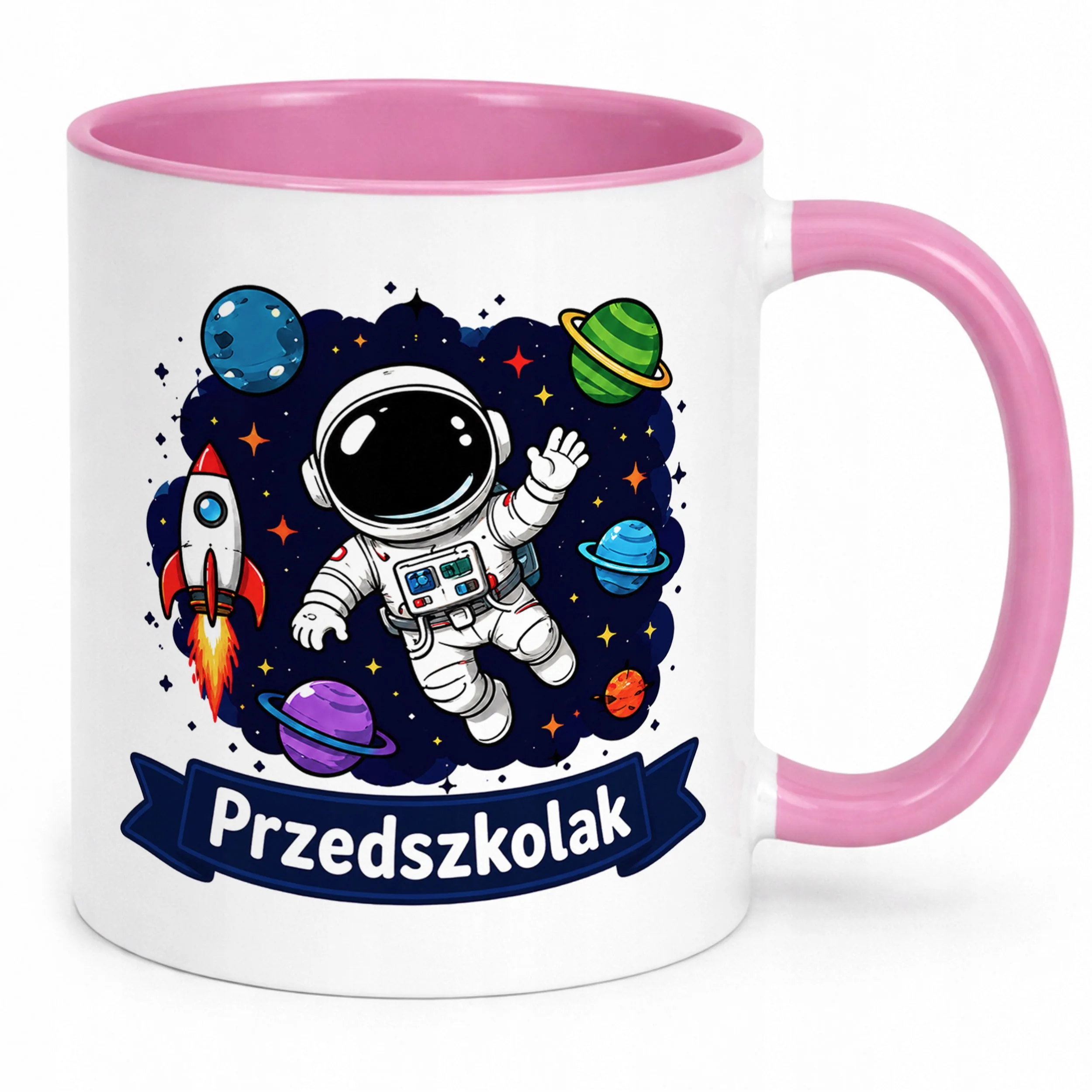 Kubek Różowy z nadrukiem Przedszkolak Szkoła Dla Dzieci Prezent