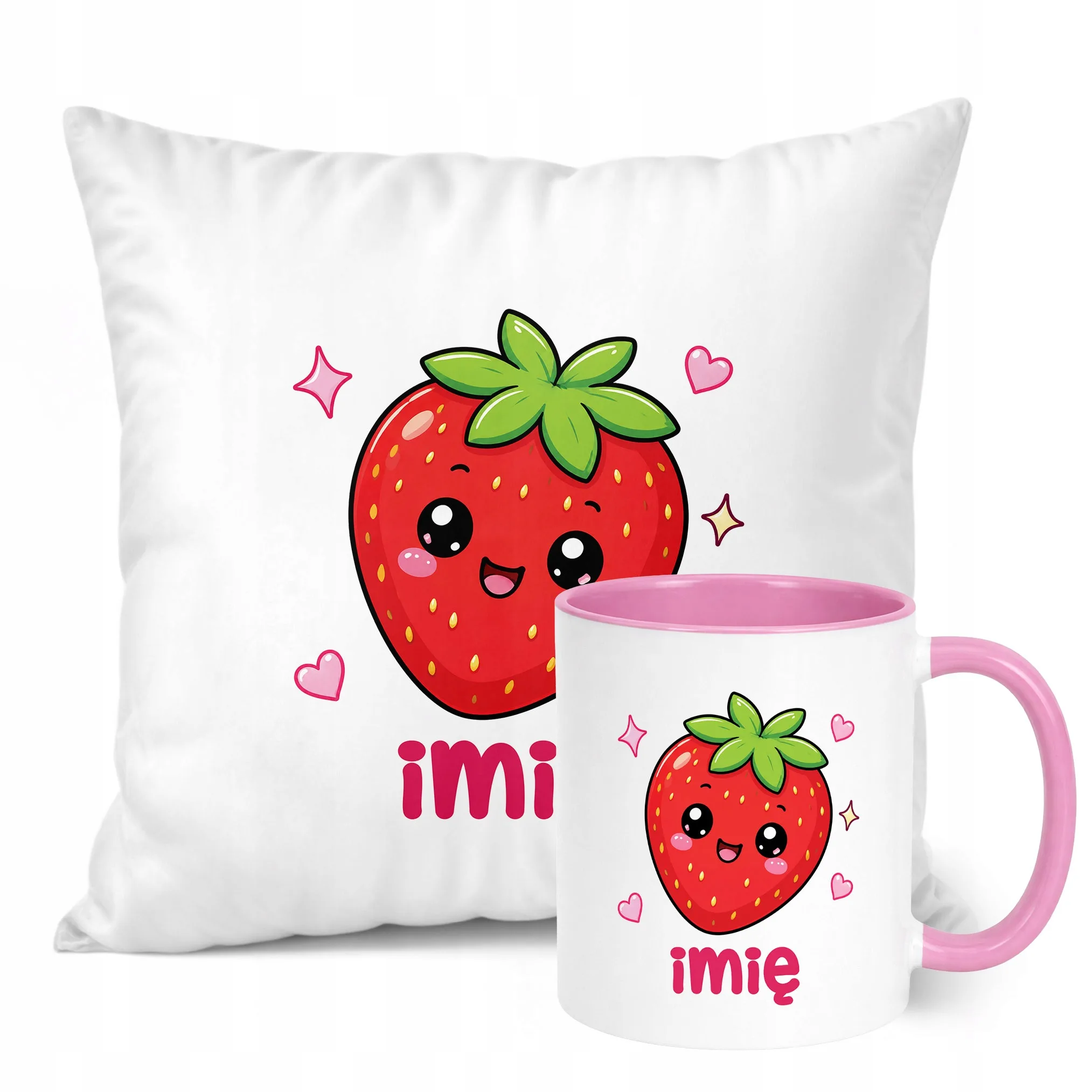 Zestaw Personalizowany Kubek Różowy Poduszka Truskawka Prezent