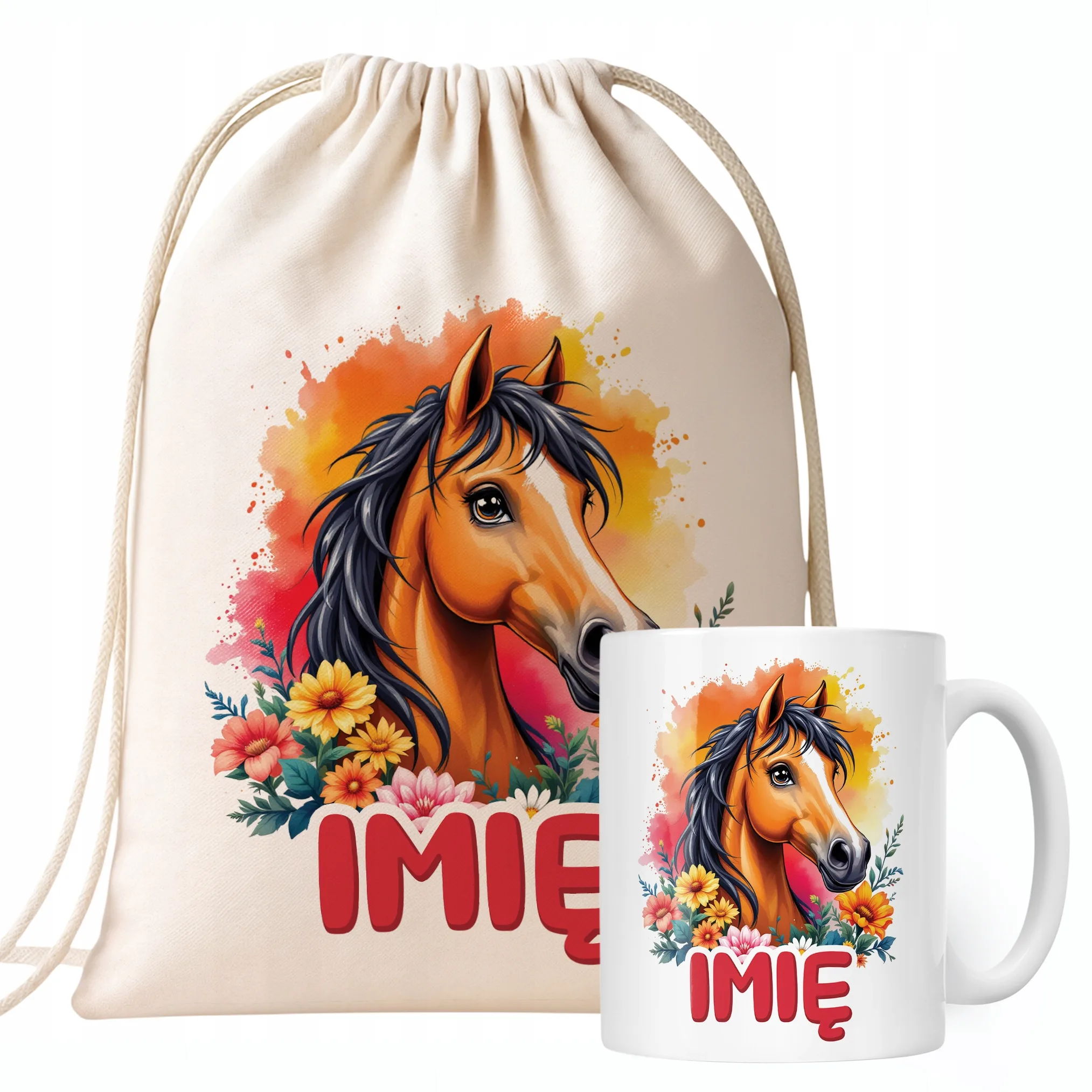 Zestaw personalizowany Kubek + Plecak Z Koniem Koń Słodki Dla Koniar