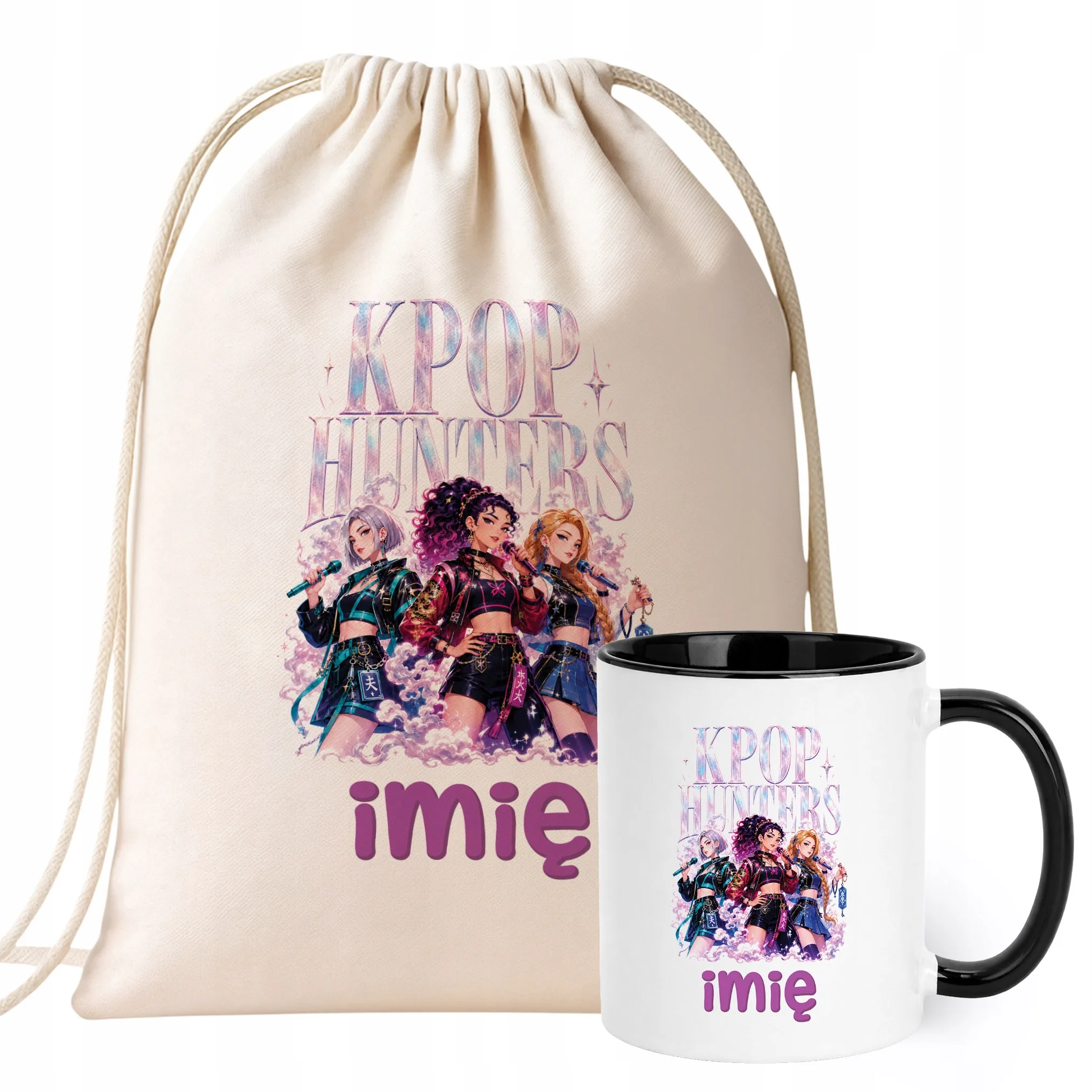 Zestaw Personalizowany Plecak Worek Kubek Czarny Łowczynie Kpop Prezent