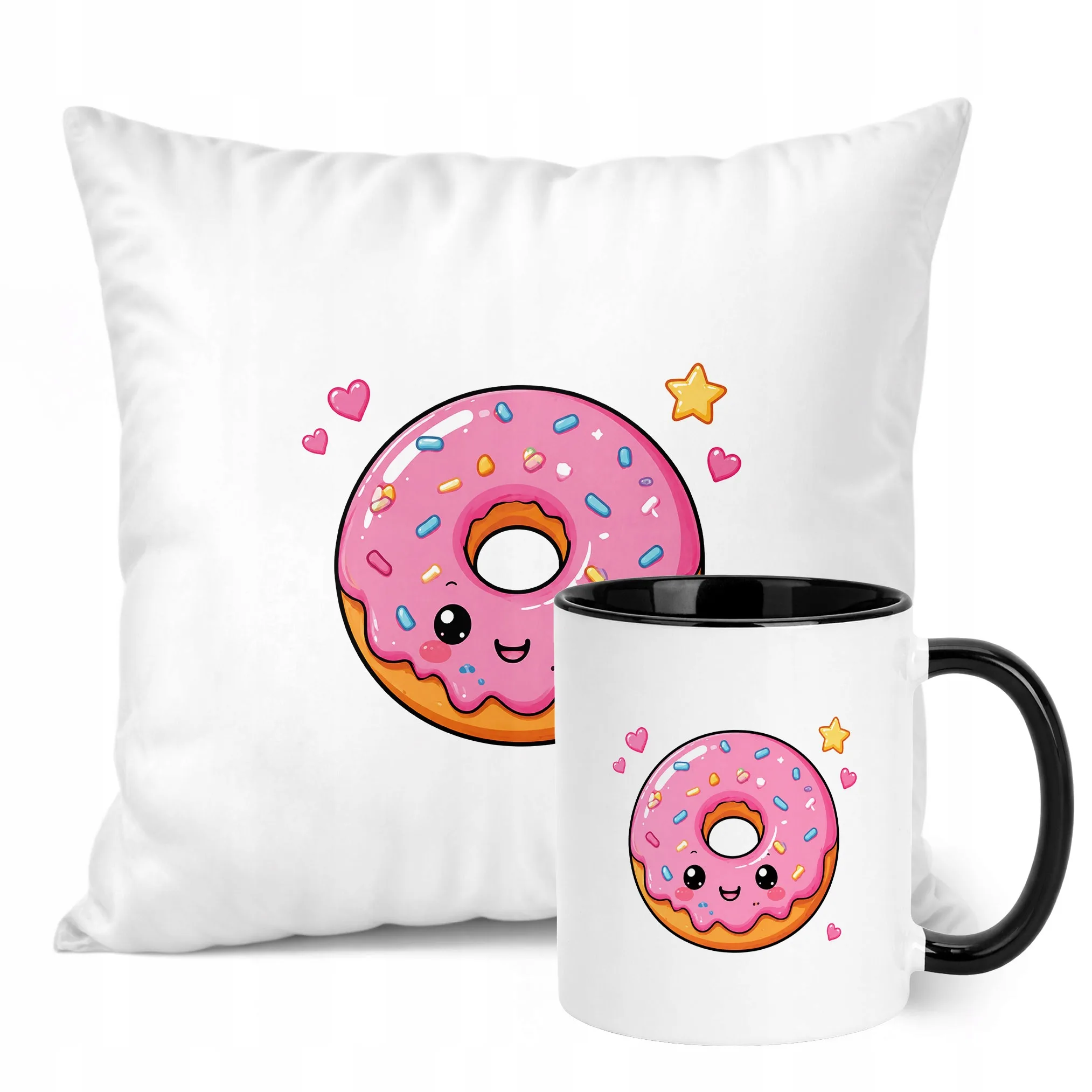 Zestaw Kubek Czarny Poduszka Z Nadrukiem Kawaii Pączek Prezent