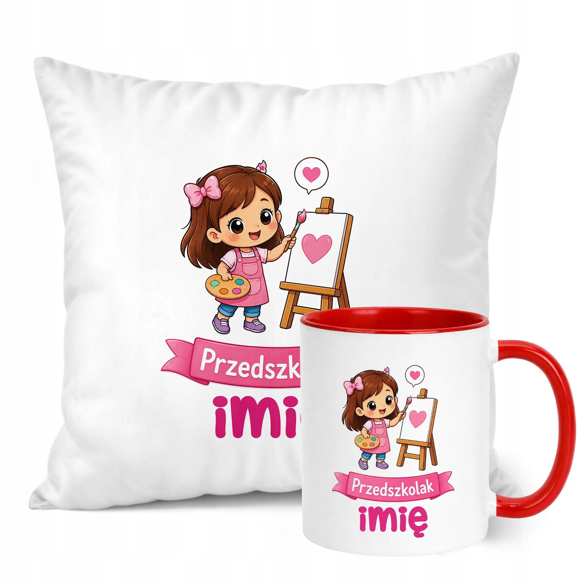 Zestaw Personalizowany Kubek Czerwony Poduszka Przedszkolak Prezent