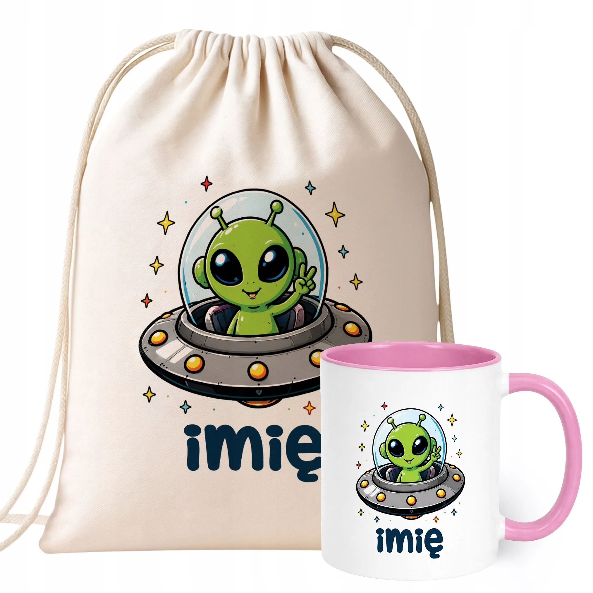 Zestaw Personalizowany Plecak Worek Kubek Różowy Kosmita UFO Prezent