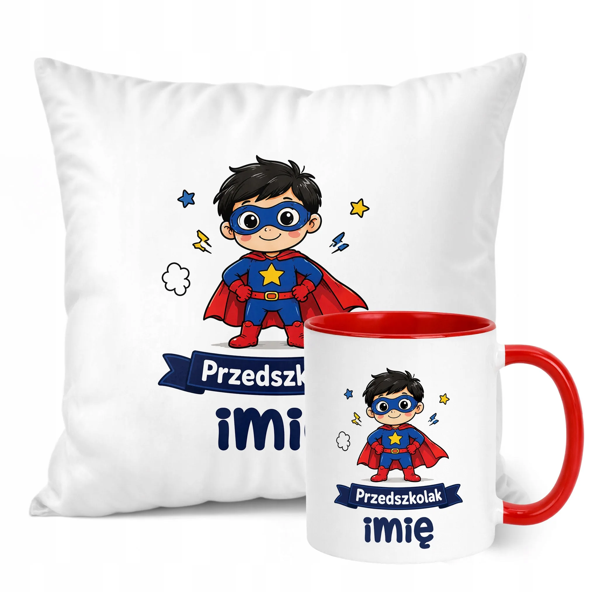 Zestaw Personalizowany Kubek Czerwony Poduszka Przedszkolak