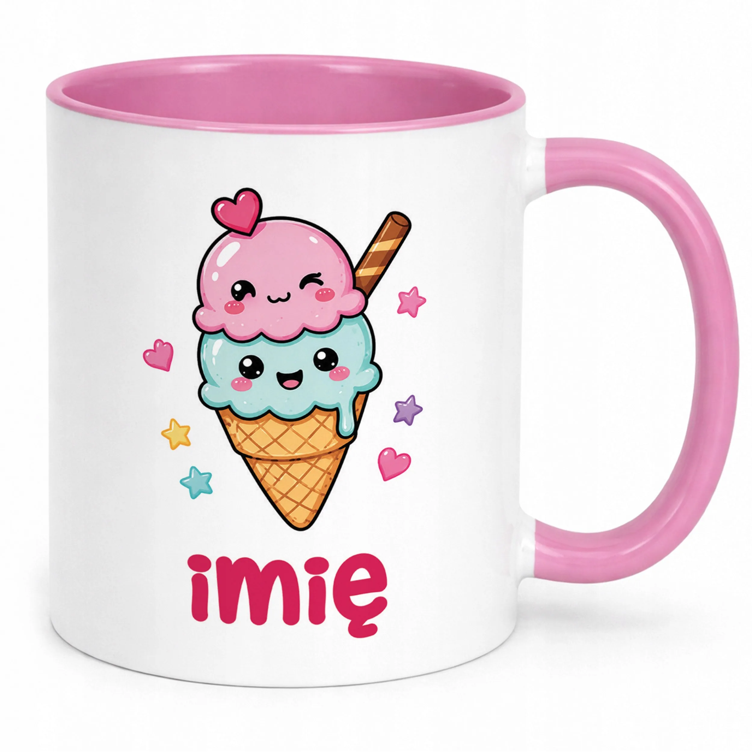 Kubek Różowy z nadrukiem personalizowany Kawaii Lody Dla Dzieci Prezent