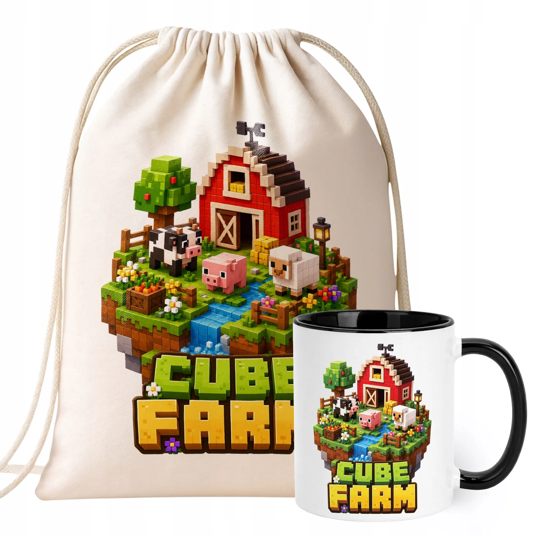 Zestaw Plecak Worek Kubek Czarny Z Nadrukiem CUBE FARM Dla Dzieci