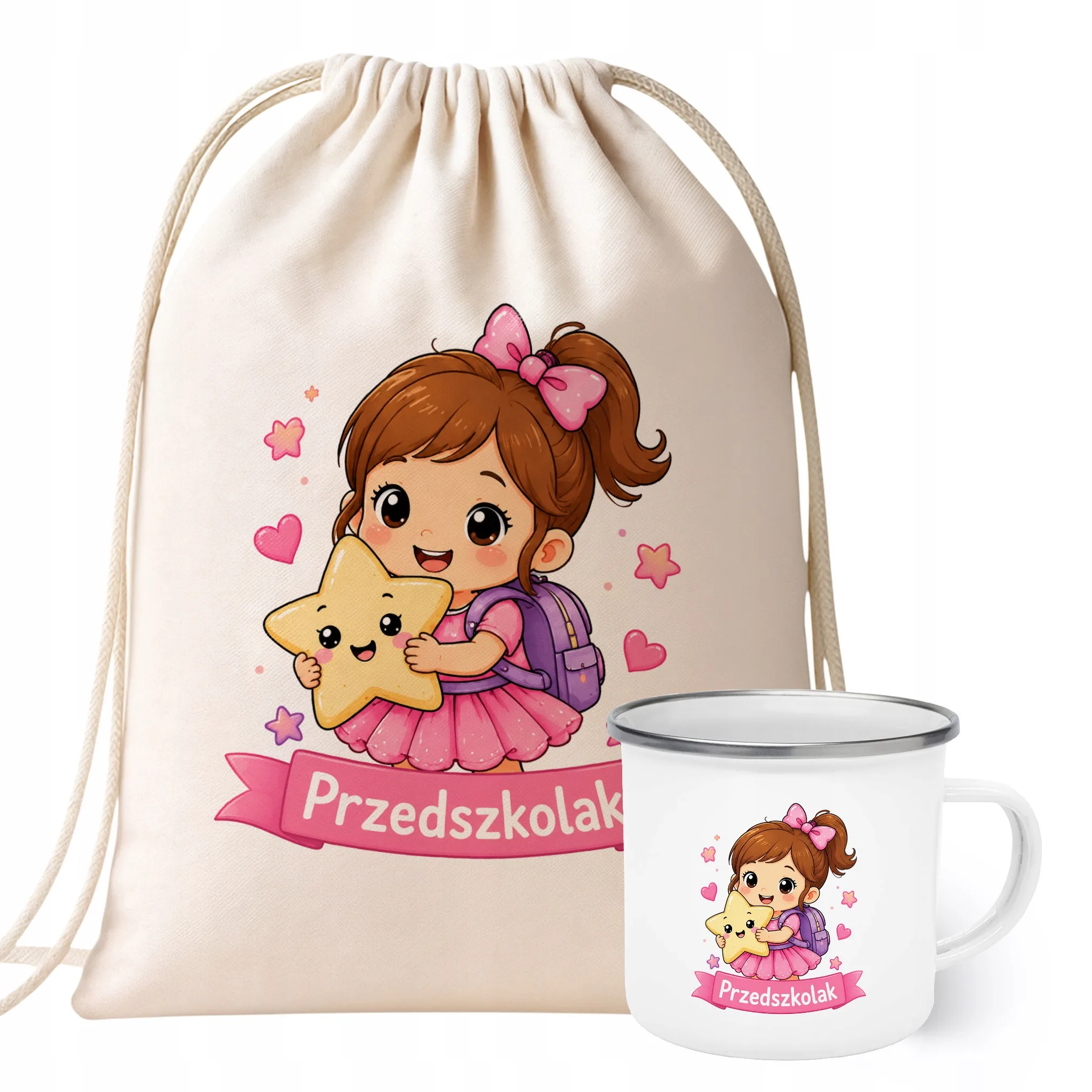 Zestaw Plecak Worek Kubek Emaliowany Z Nadrukiem Przedszkolak Szkoła