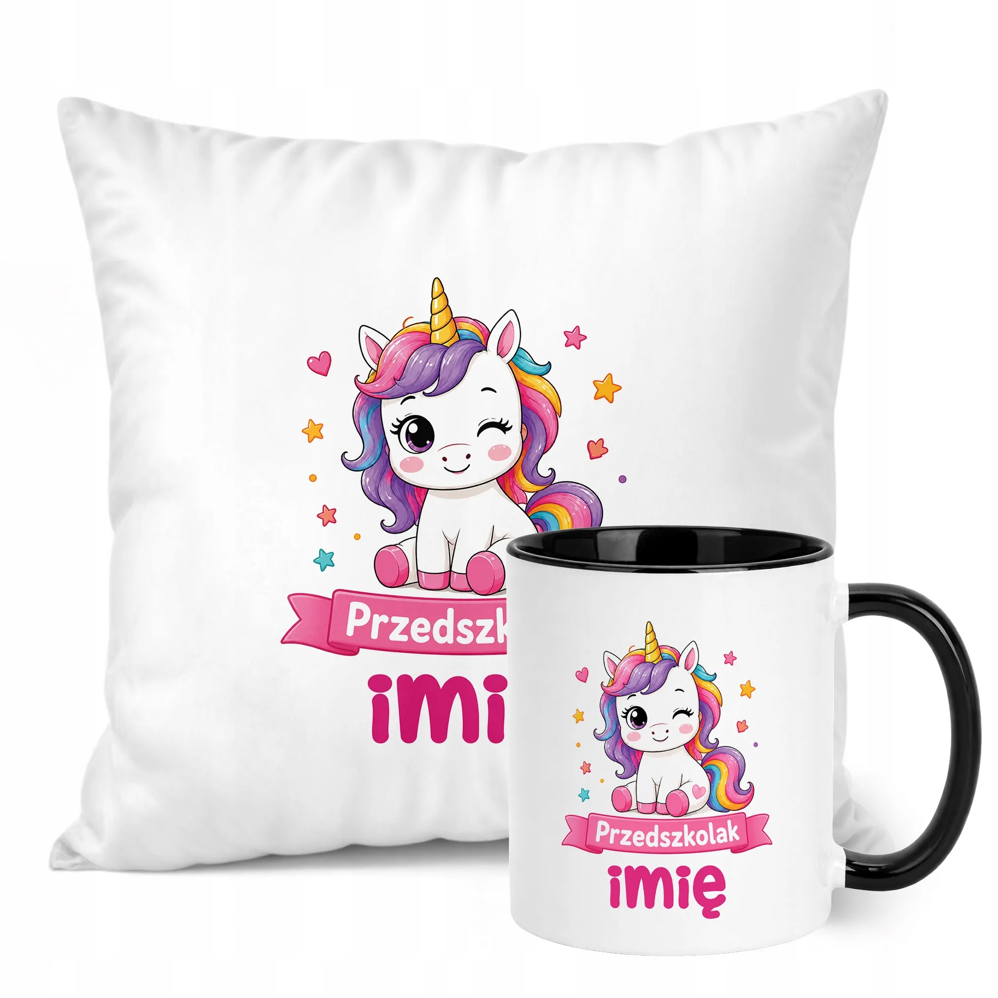 Zestaw Personalizowany Kubek Czarny Poduszka Przedszkolak Jednorożec